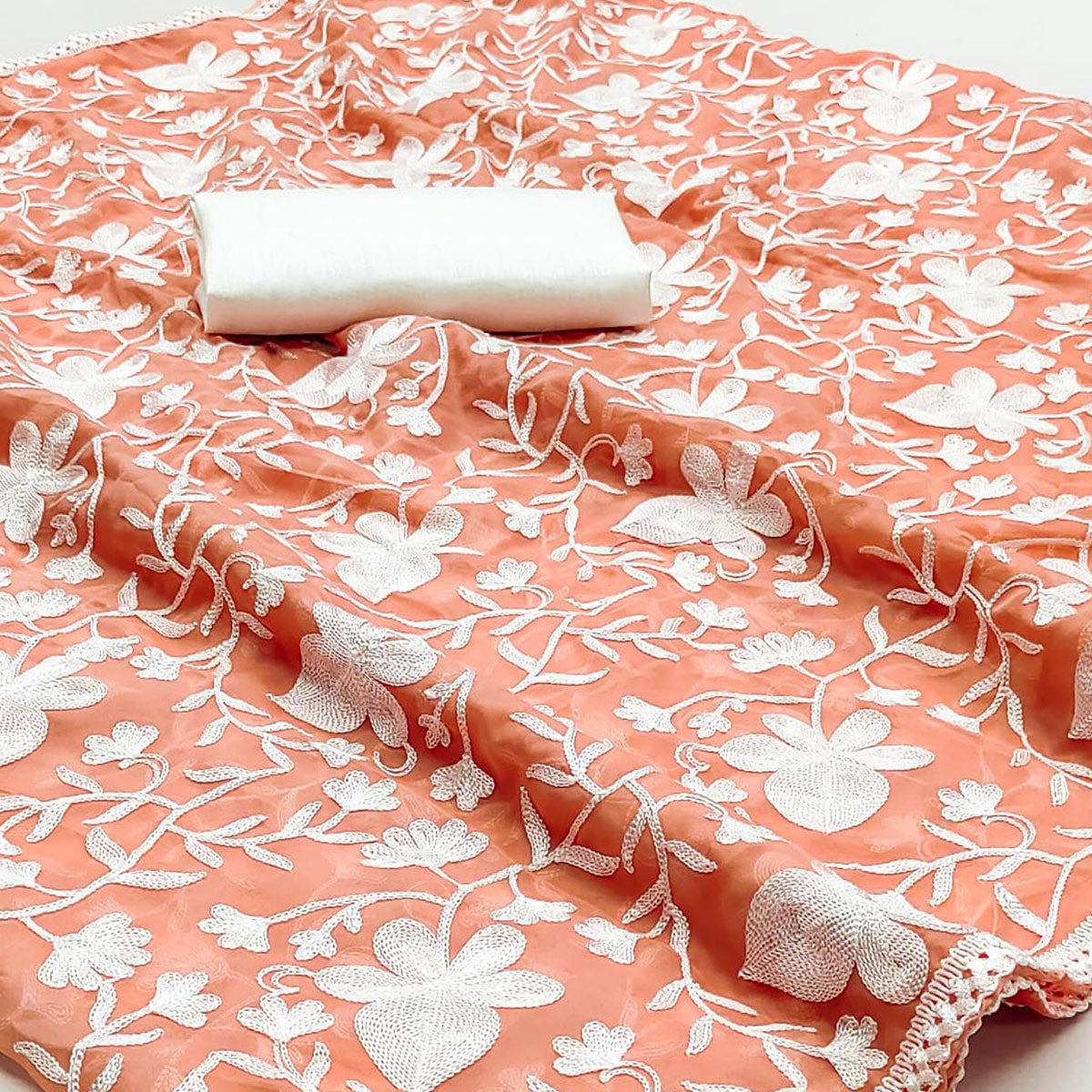 Peach Floral Embroidered Organza Saree