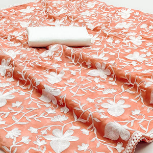 Peach Floral Embroidered Organza Saree
