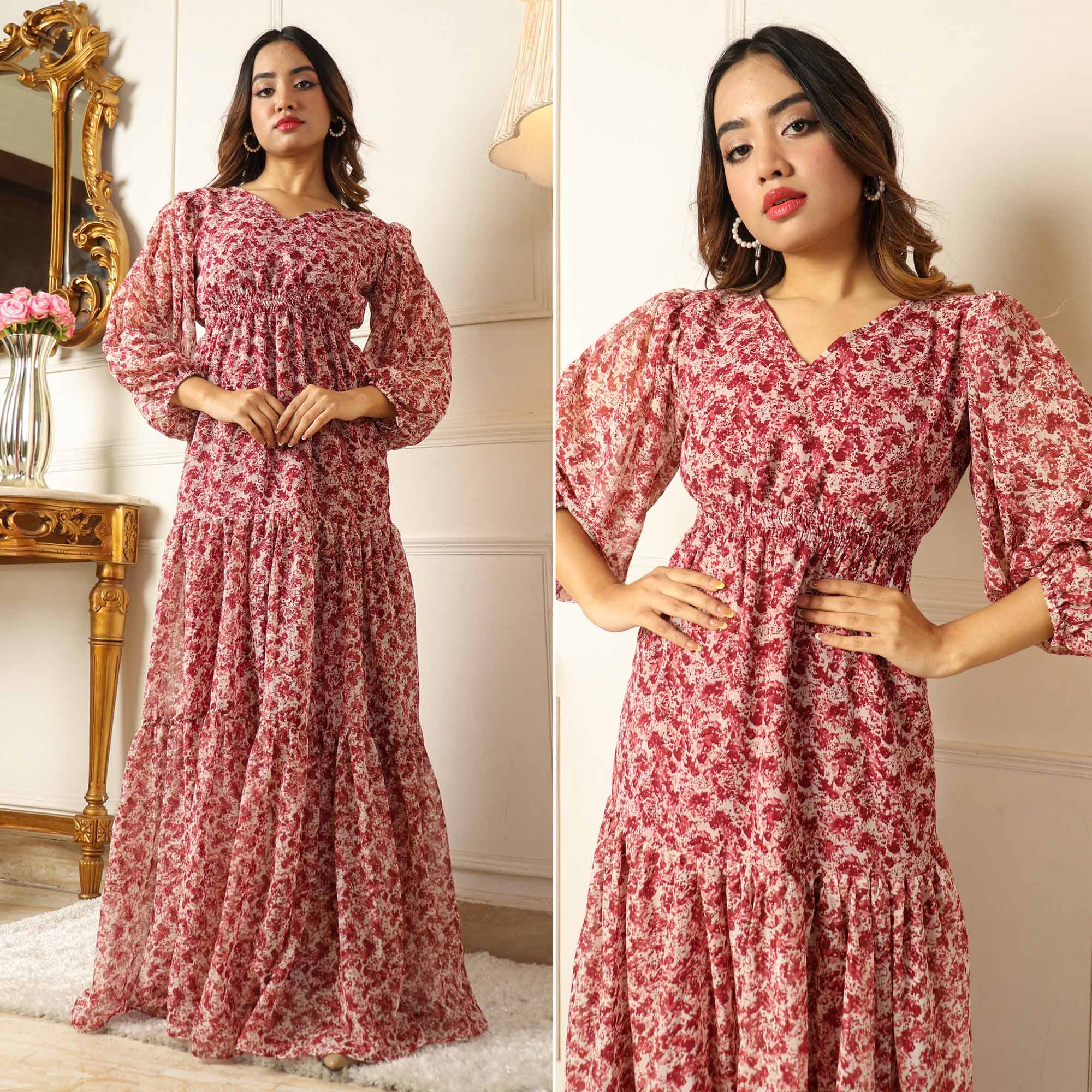 Maroon Printed Georgette Gown