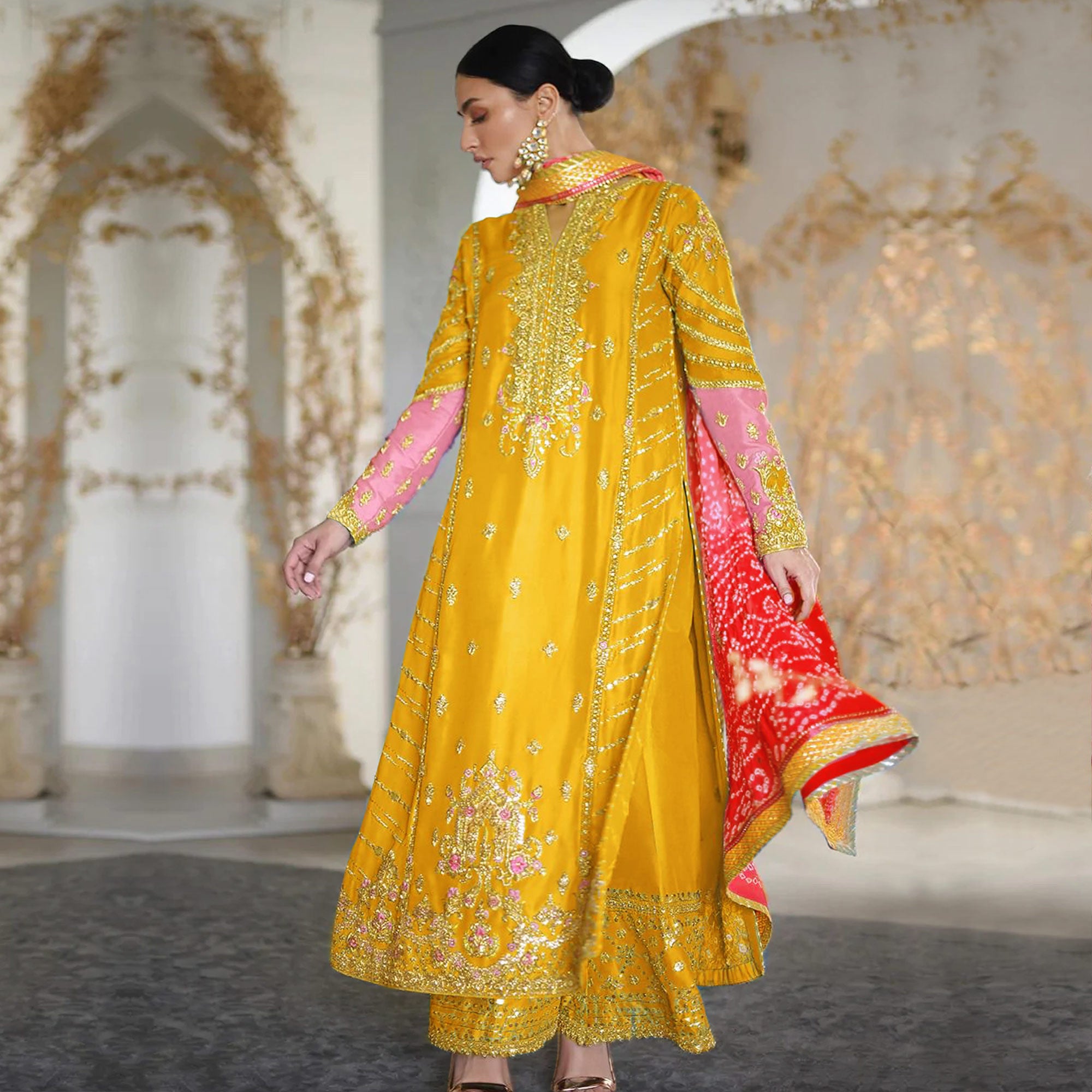 Mustard Sequins Embroidered Georgette Pakistani Suit