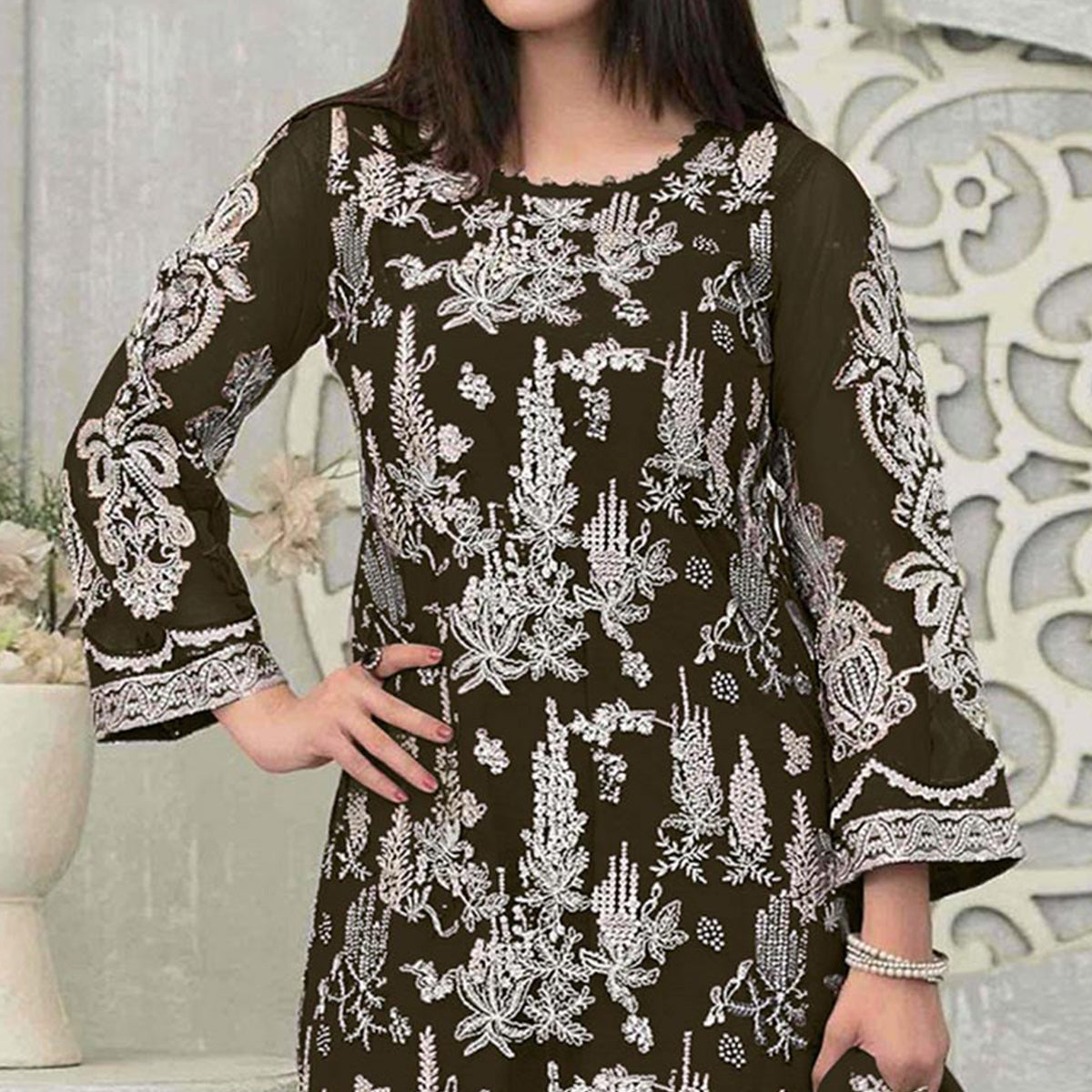 Mahendi Green Floral Embroidered Georgette Pakistani Suit