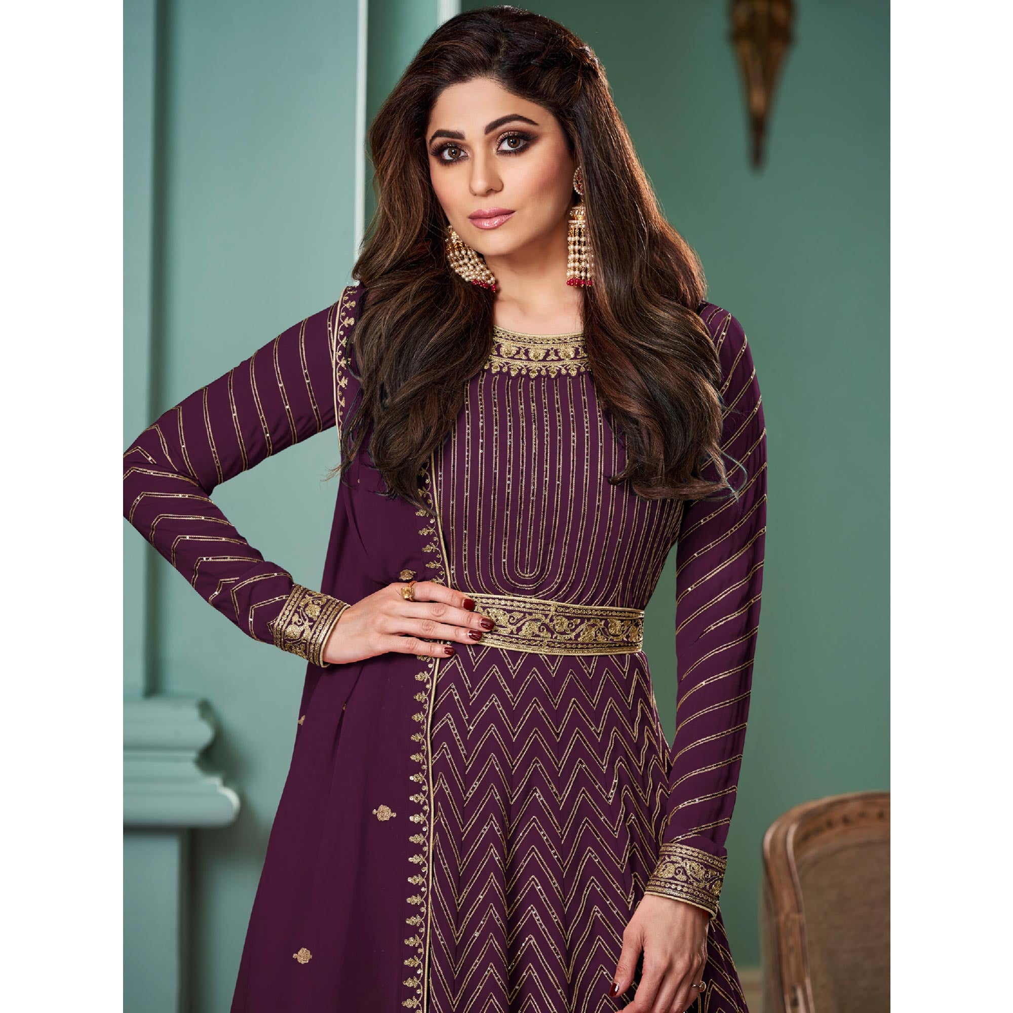 Purple Sequins Embroidered Georgette Gown