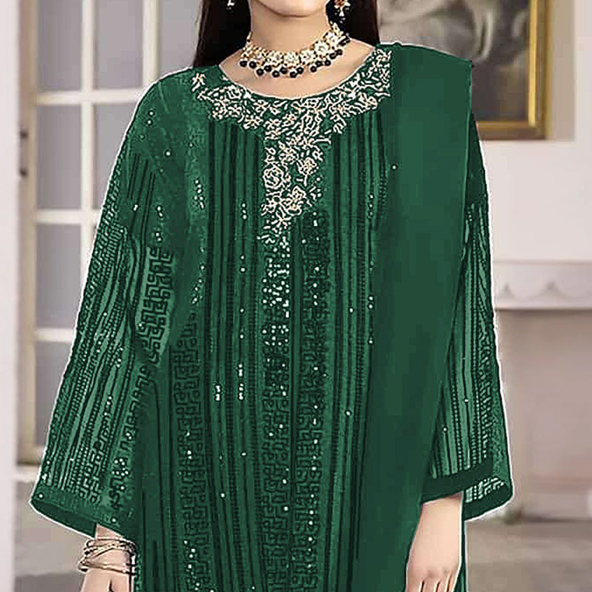 Green Sequins Embroidered Georgette Pakistani Suit