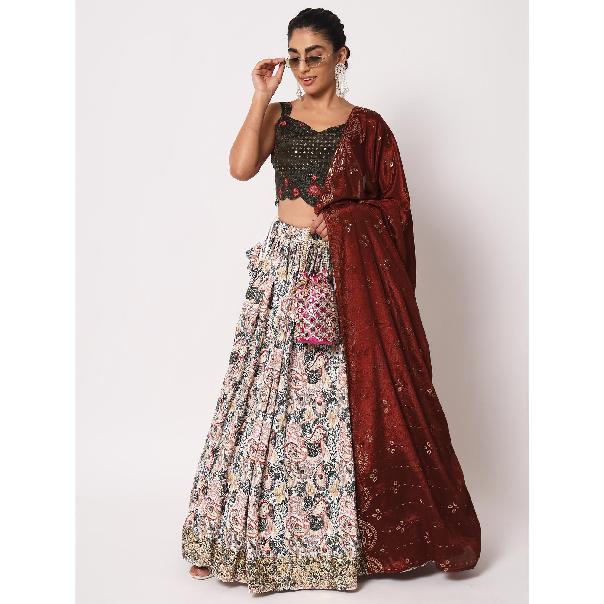 Offwhite Printed Art Silk Lehenga Choli