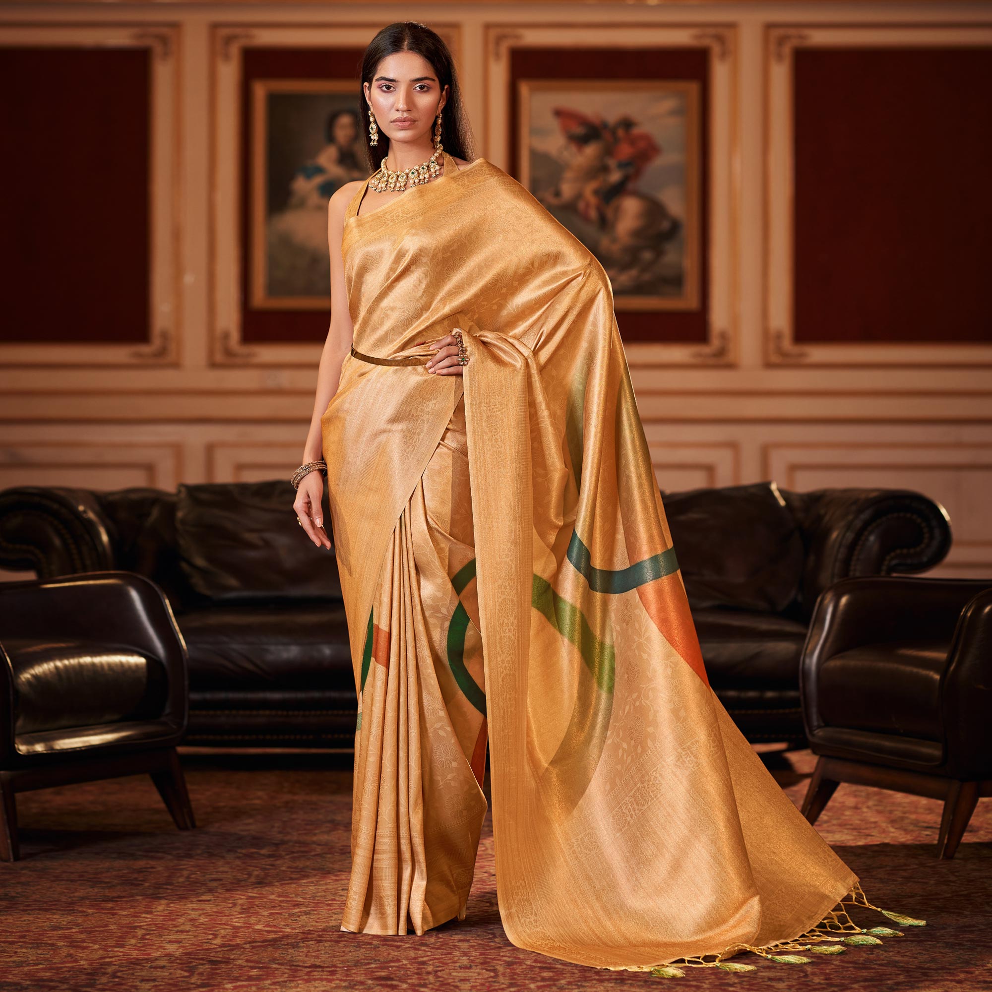 Golden Woven Jacquard Saree With Tassels
