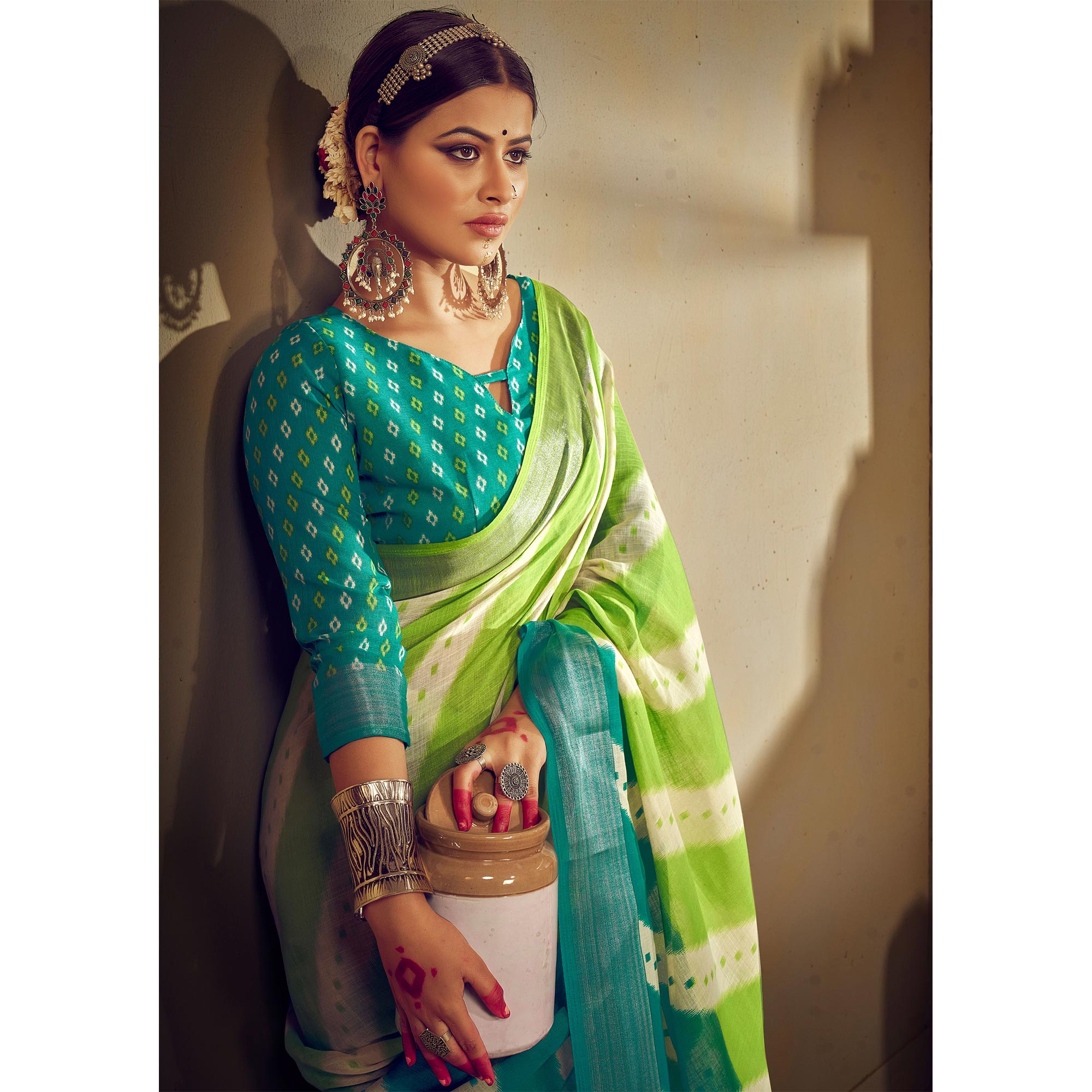 Green & Blue Printed With Zari Border Linen Saree