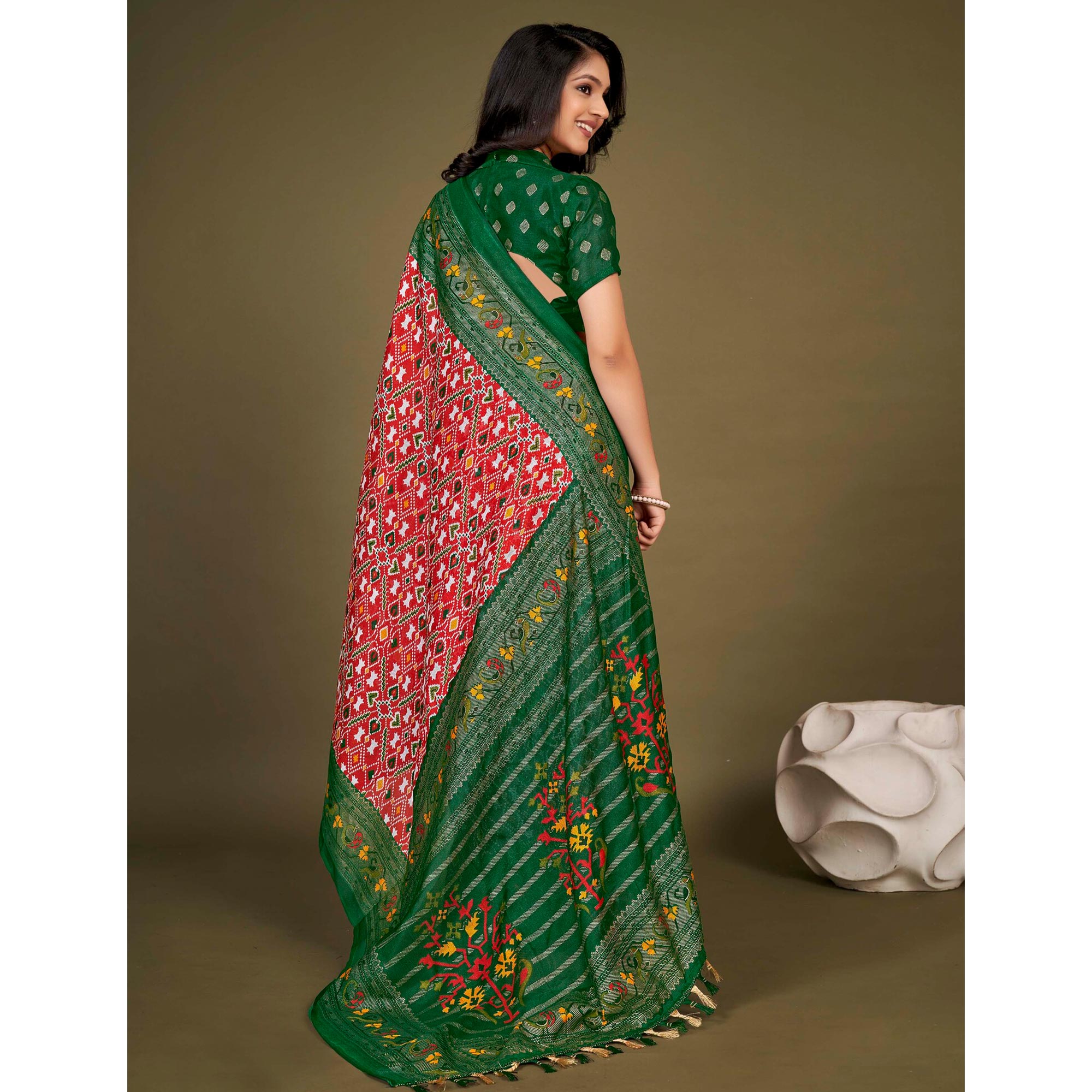 Red Printed Jute Patola Saree With Tassels