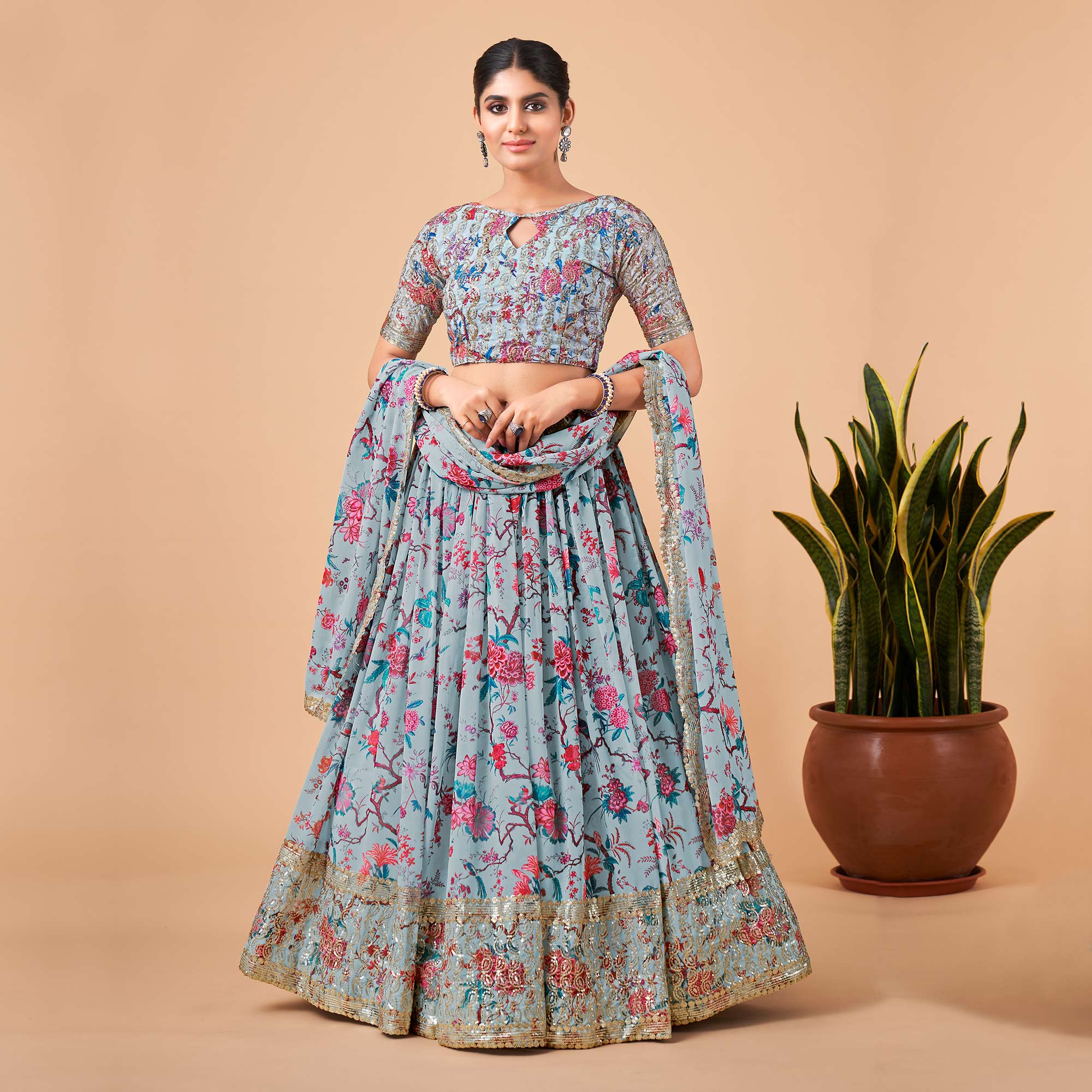 Light Blue Floral Printed And Sequins Work Georgette Lehenga Choli