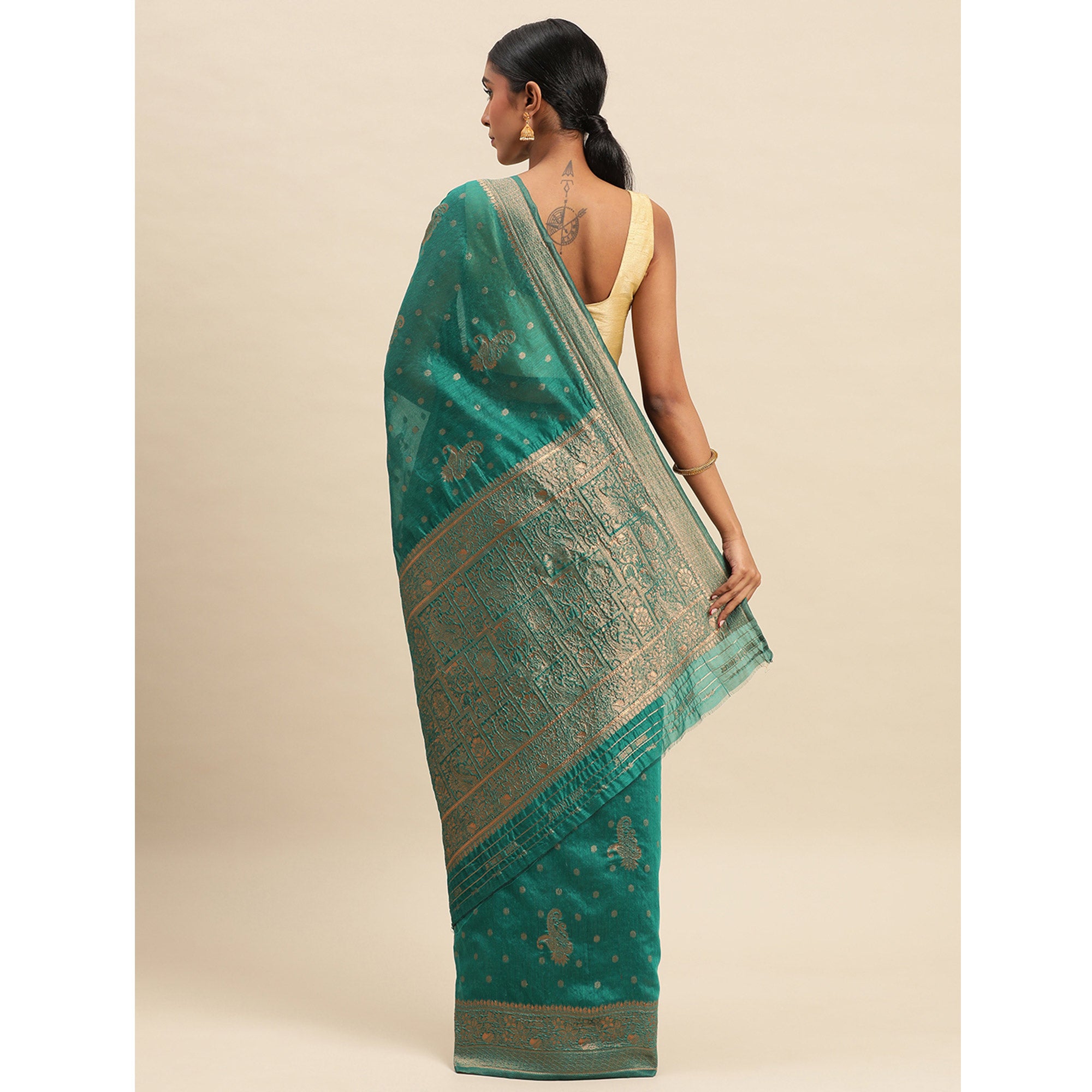 Turquoise Green Woven Organza Saree