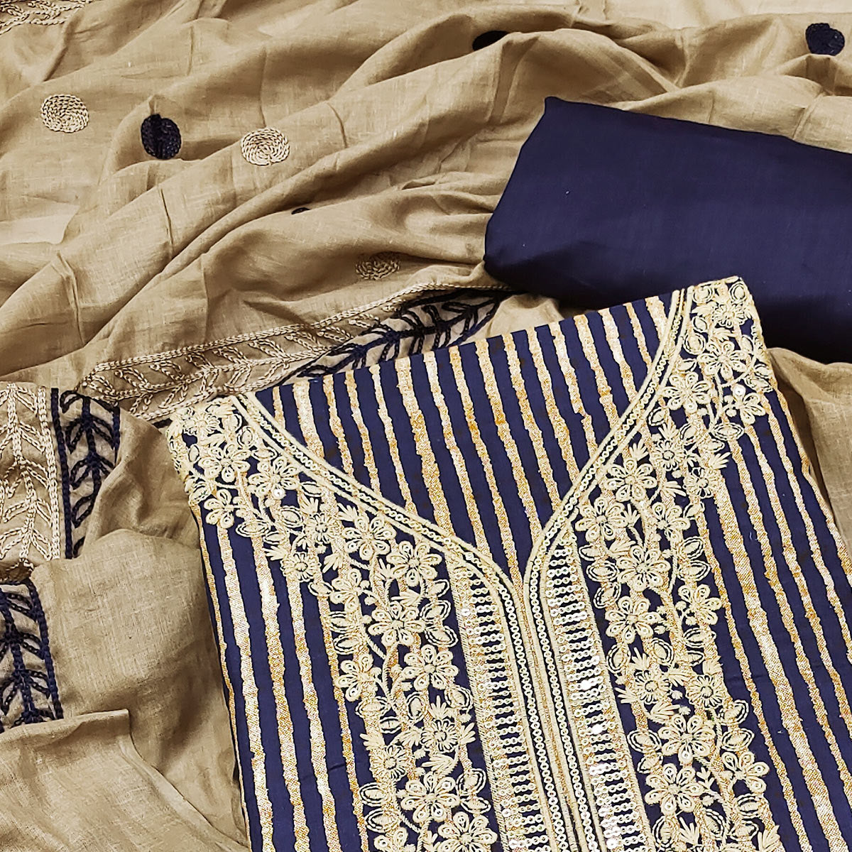 Navy Blue Printed With Sequins Embroidered Pure Cotton Dress Material