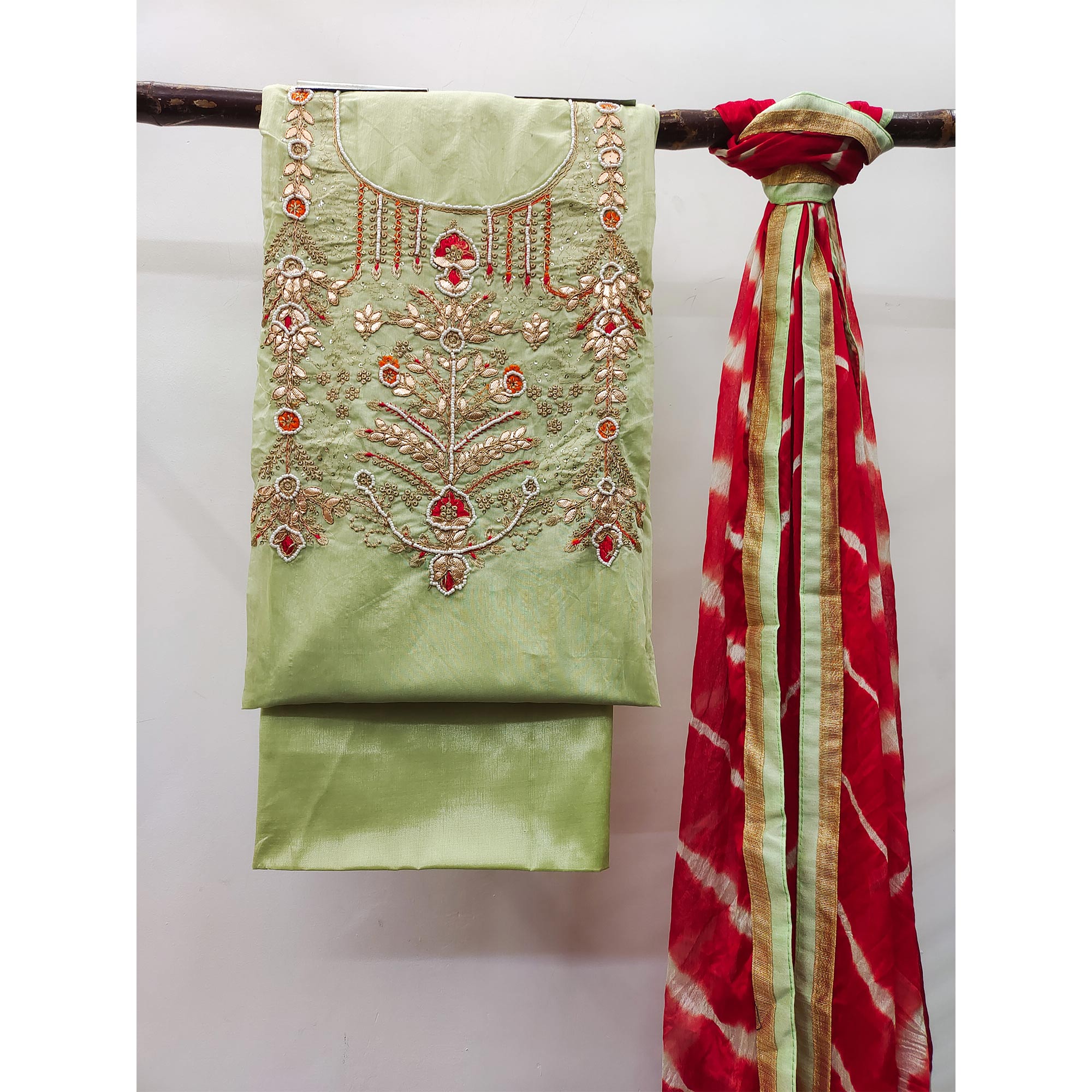 Green Embroidered Chanderi Dress Material