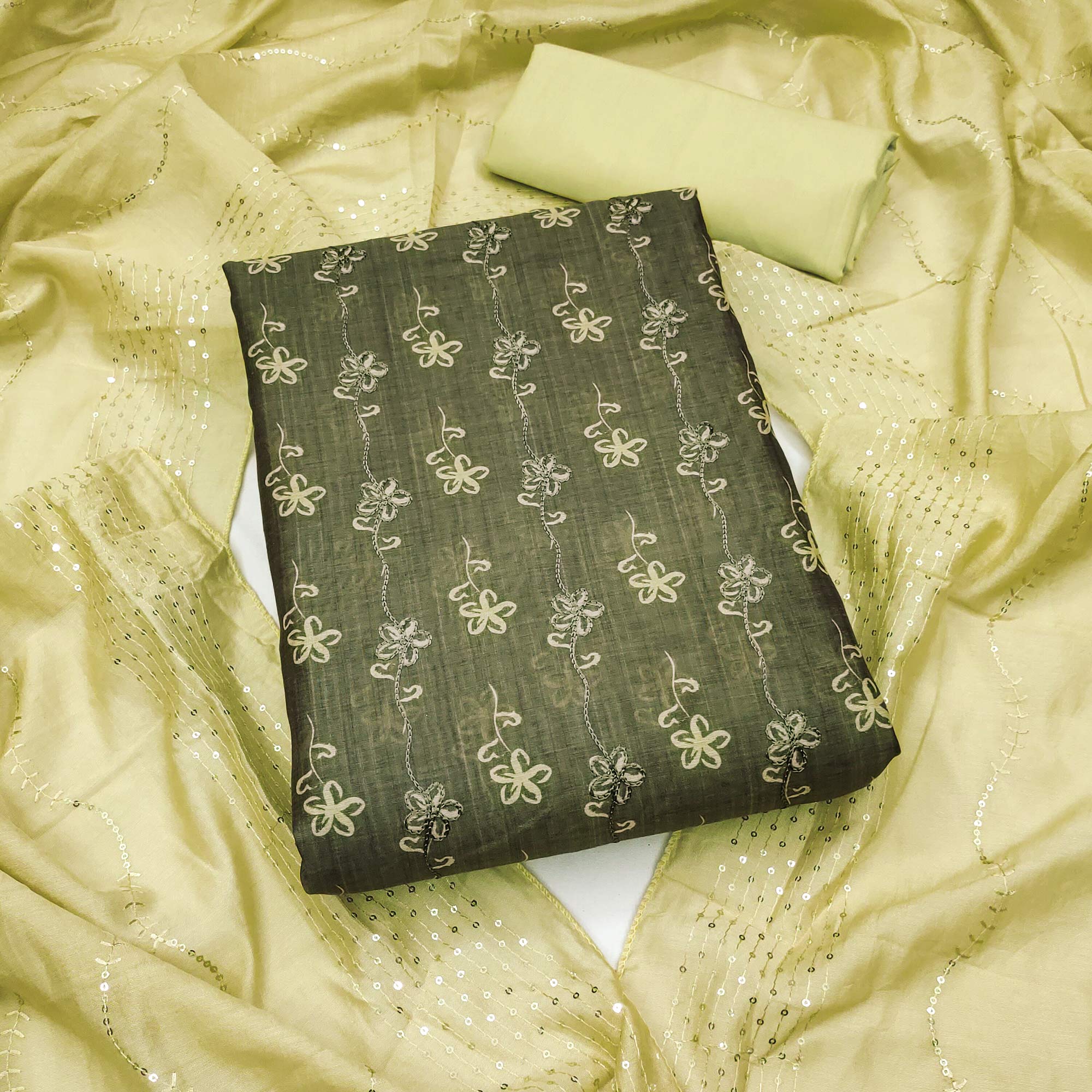 Green Digital Printed With Embroidered Chanderi Dress Material