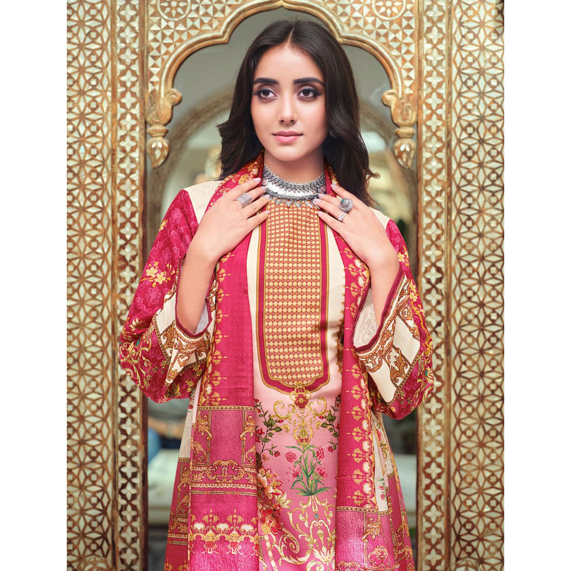 Pink And Cream Digital Printed With Daman Embroidered Pure Cotton Pakistani Suit