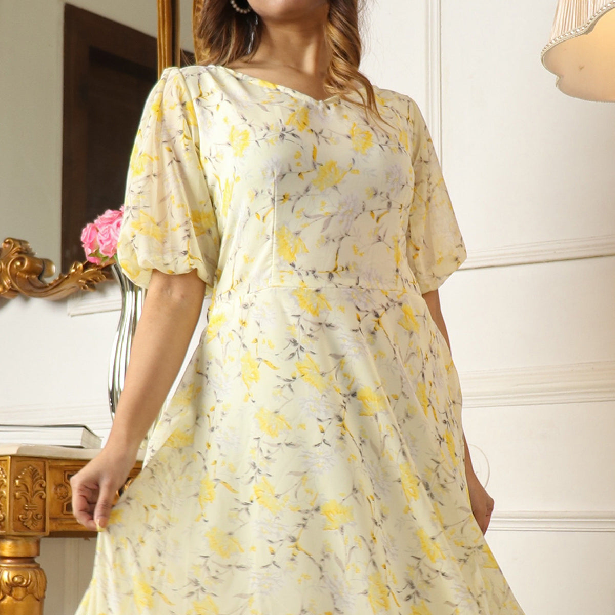 Light Lemon Yellow Floral Printed Georgette Gown