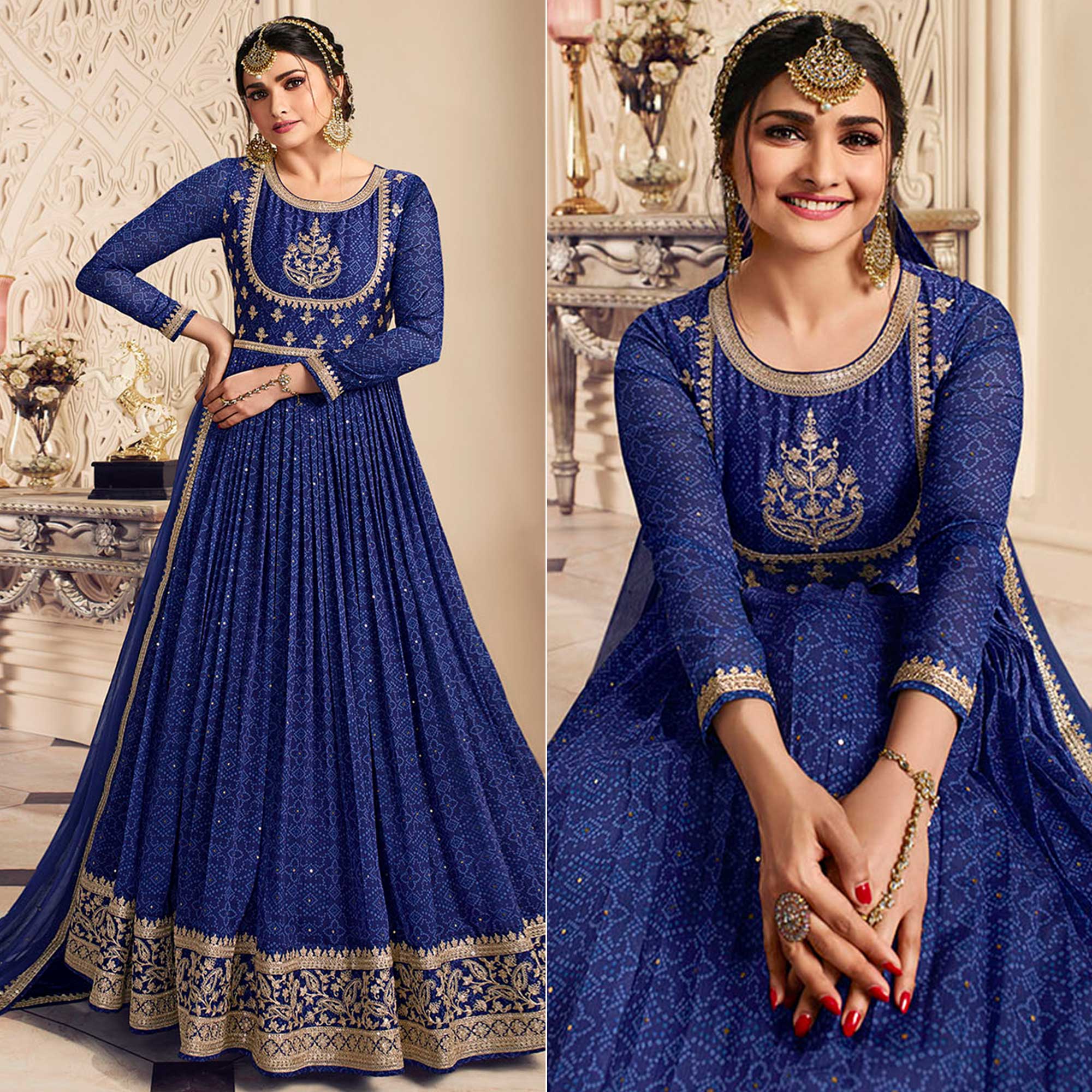 Blue Printed With Embroidered Chiffon Gown