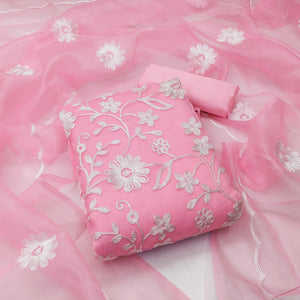 Pink Floral Embroidered Organza Dress Material
