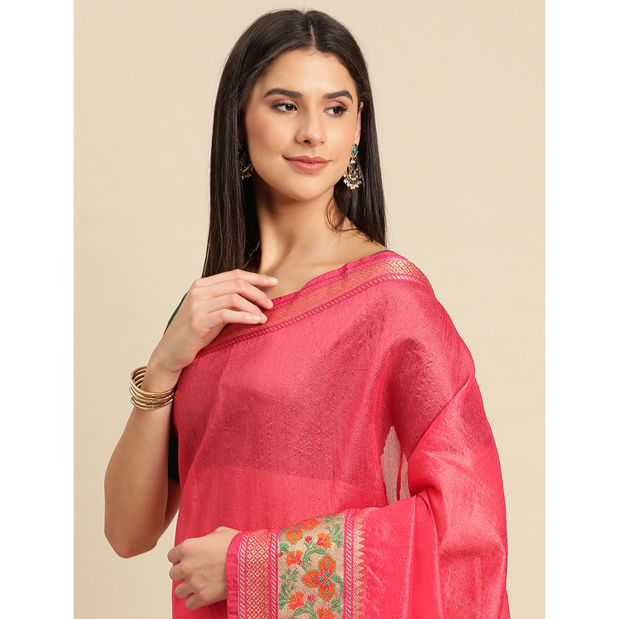 Rani Pink Woven Cotton Silk Saree