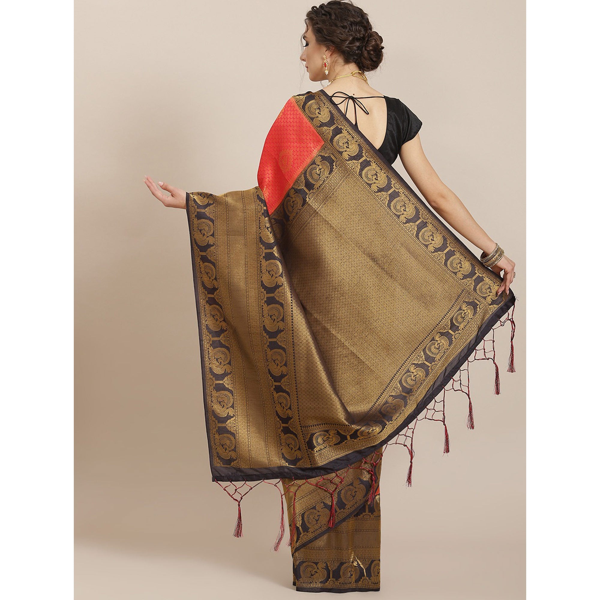 Red Woven Kanjivaram Silk Saree WithTassels