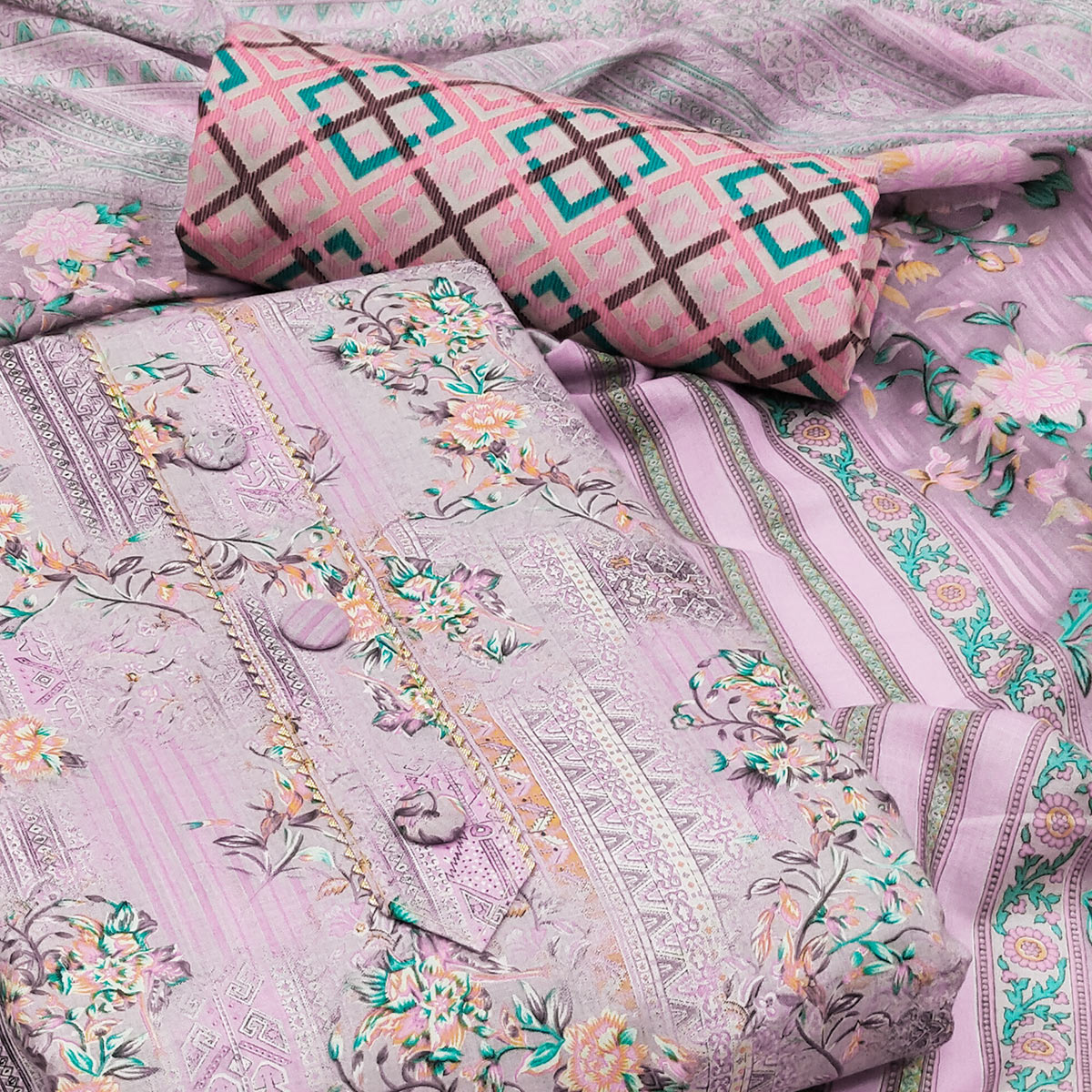 Pink Floral Printed Cotton Blend Dress Material