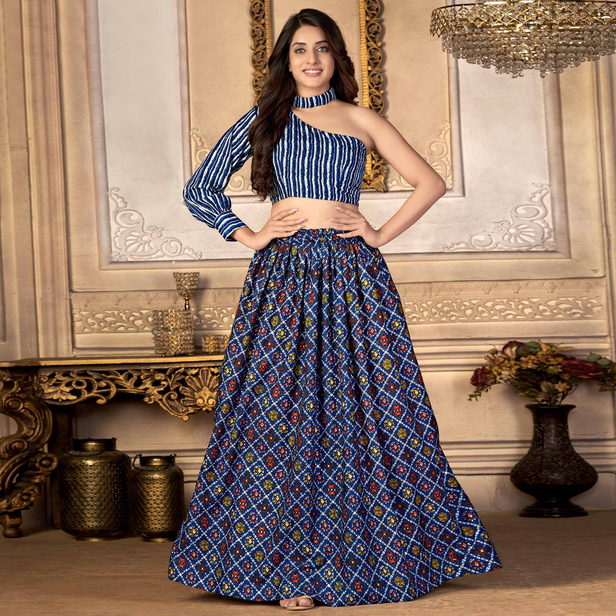 Blue Printed Crepe Top Skirt Set