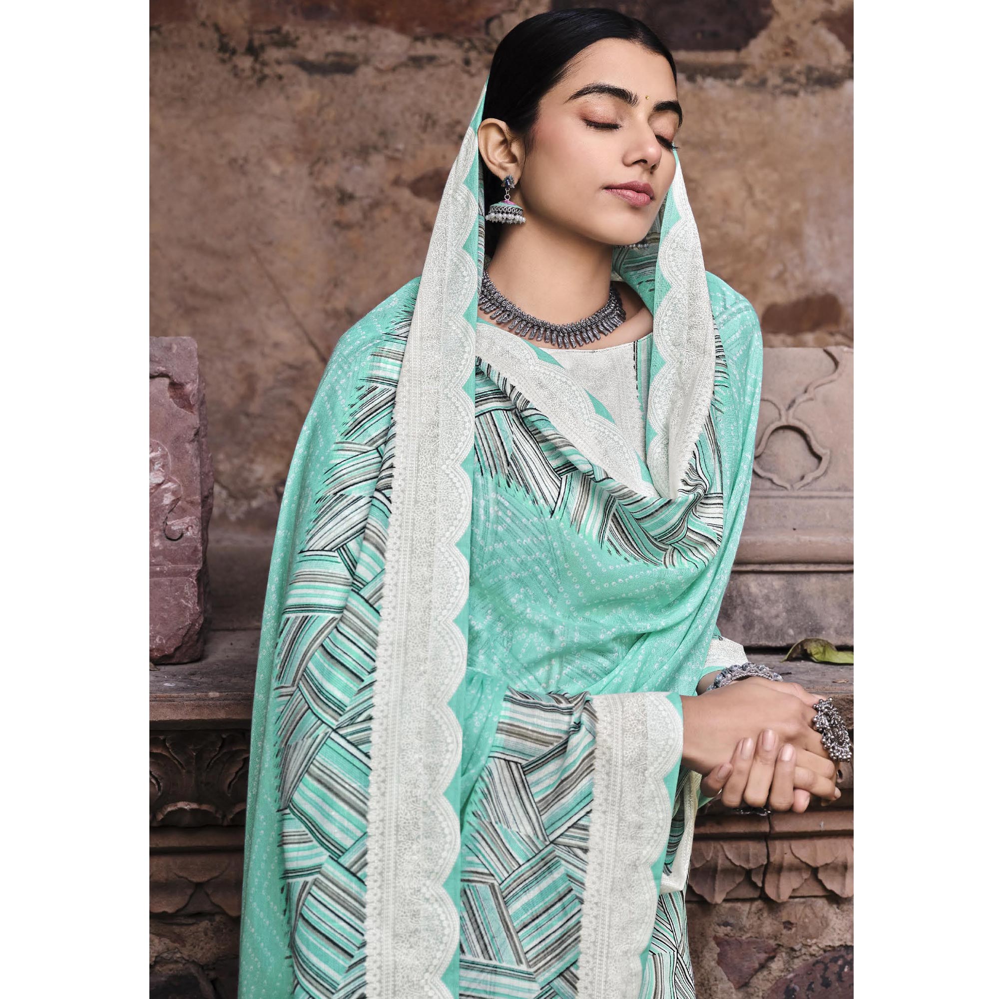 Turquoise Printed Pure Cotton Salwar Suit