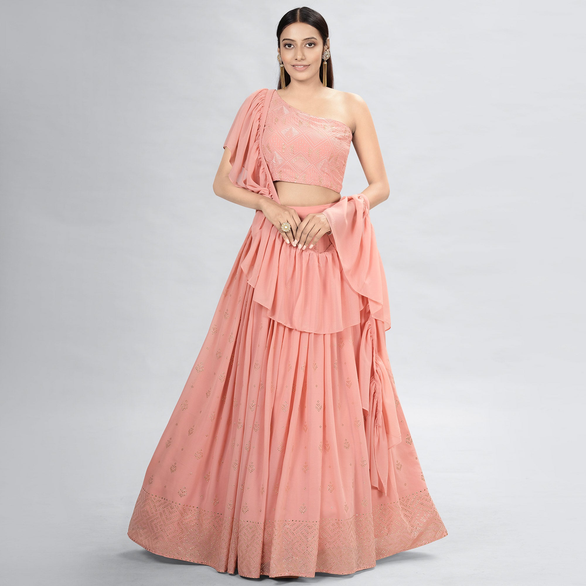 Peach Embellished With Embroidered Georgette Lehenga Choli