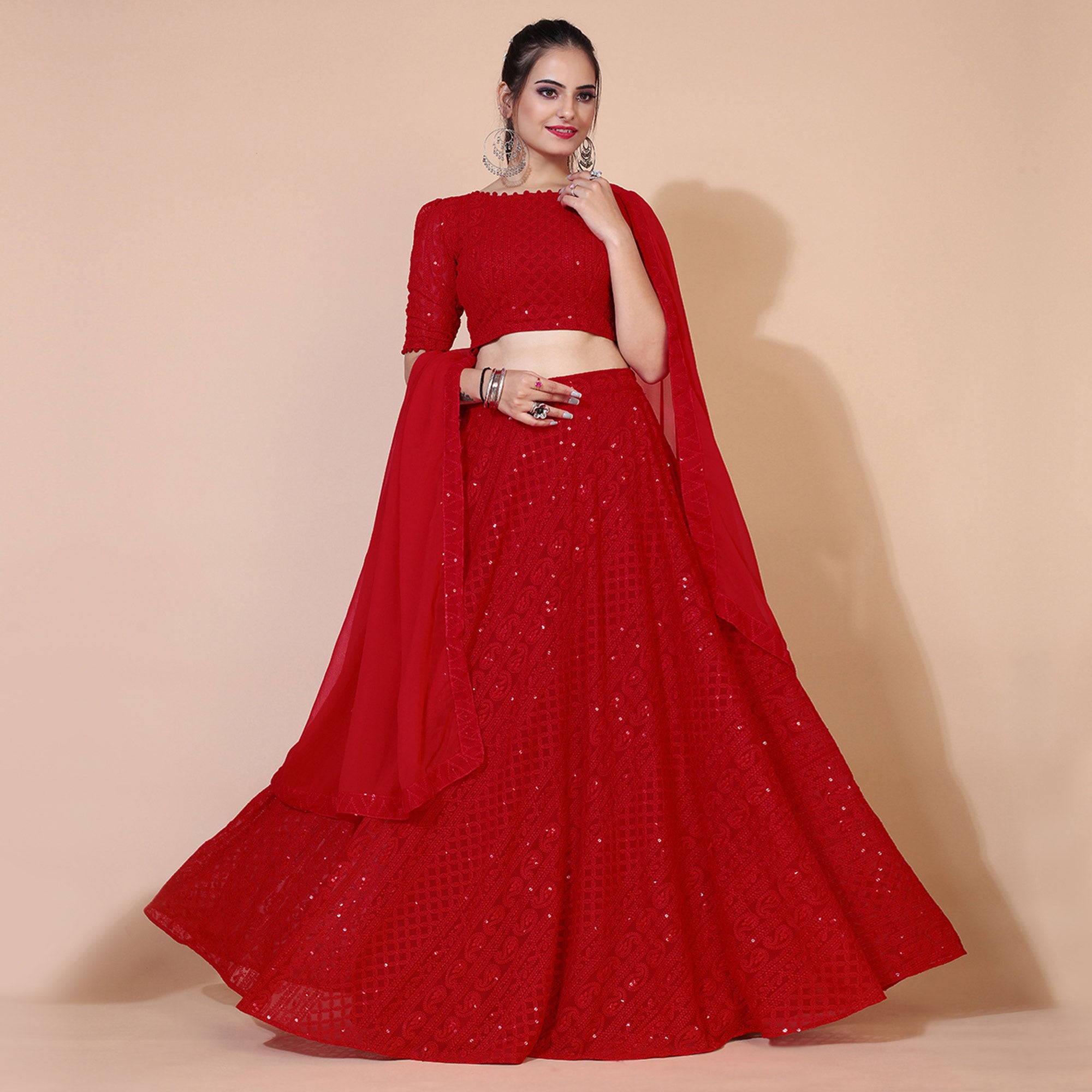 Red Lucknowi Chikankari Work Georgette Lehenga Choli