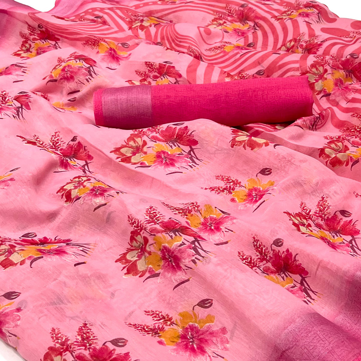 Pink Floral Printed Linen Saree