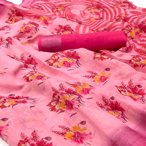 Pink Floral Printed Linen Saree