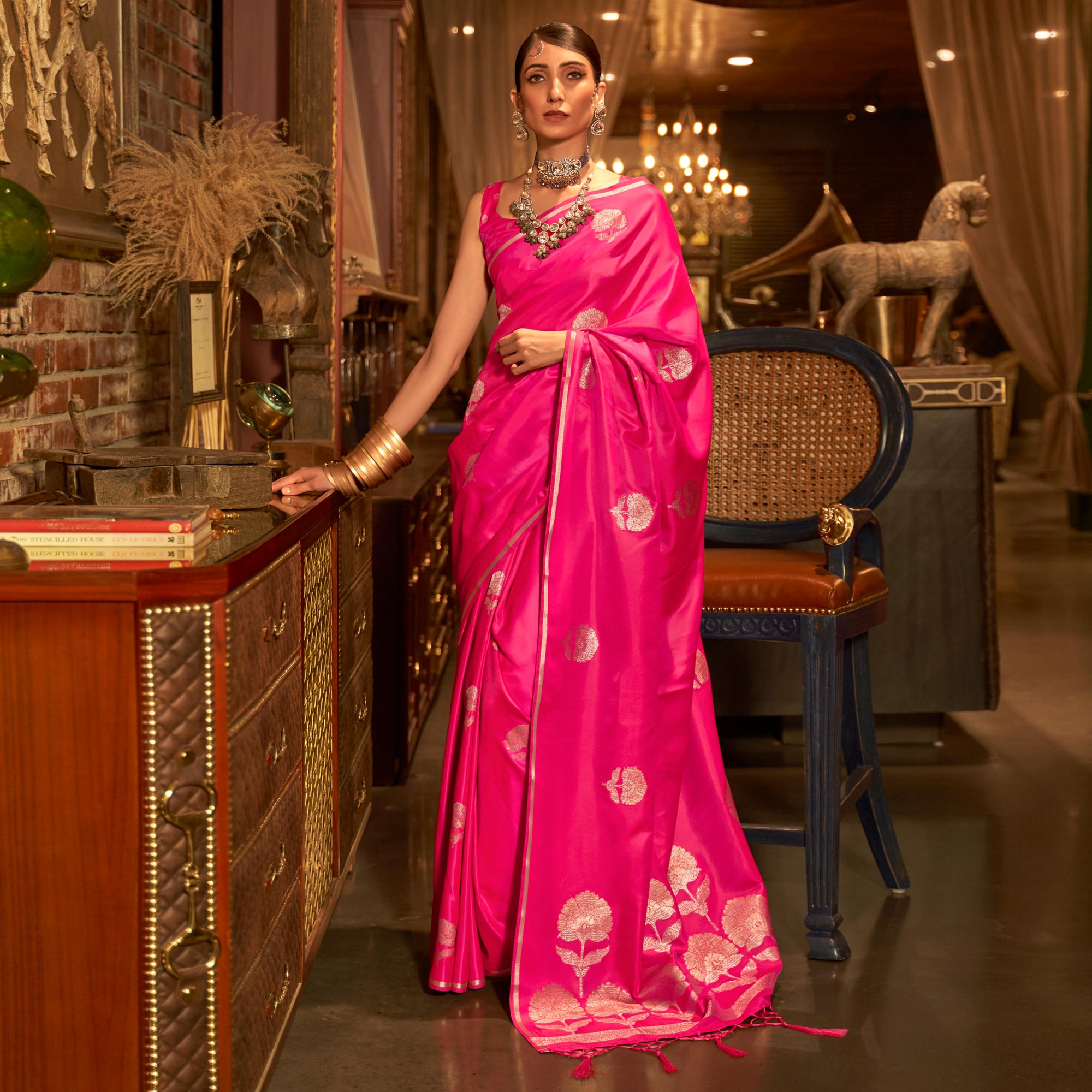 Rose Pink Floral Woven Satin Saree With Tassels