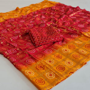 Red Bandhani And Foil Printed Georgette Saree