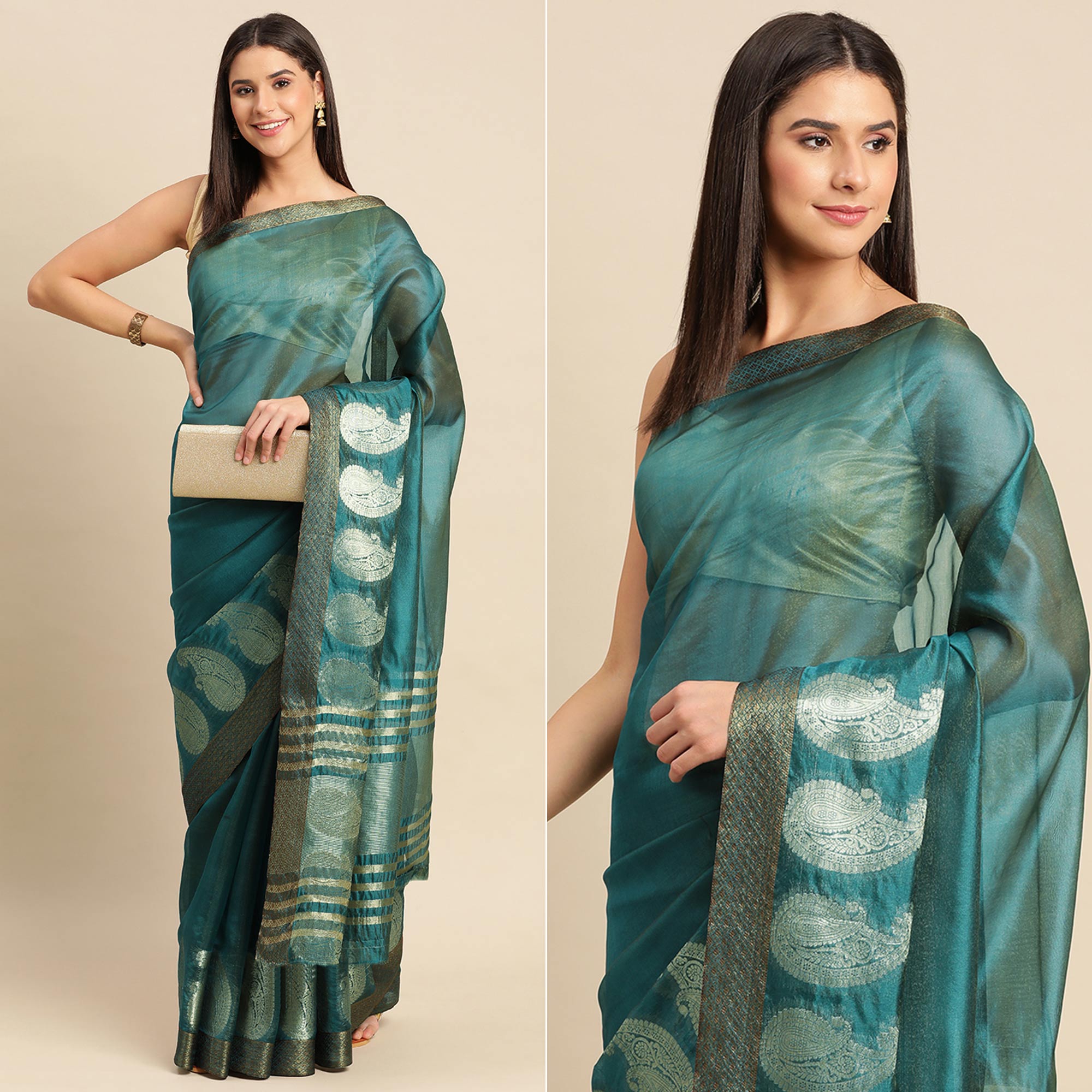 Petrol Blue Woven Organza Saree