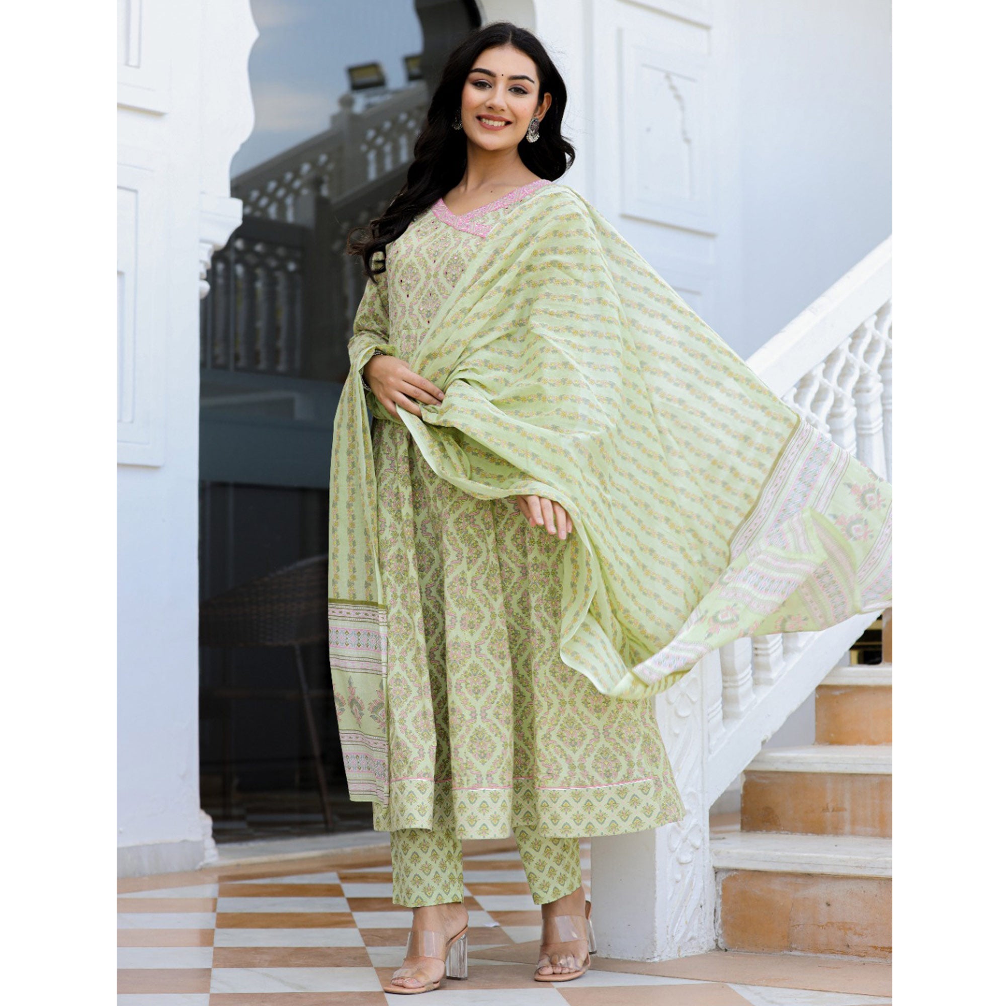 Green Floral Printed Pure Cotton Anarkali Suit