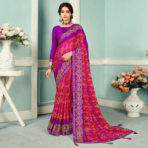 Dark Pink Digital Bandhani Printed Chiffon Saree With Tassels