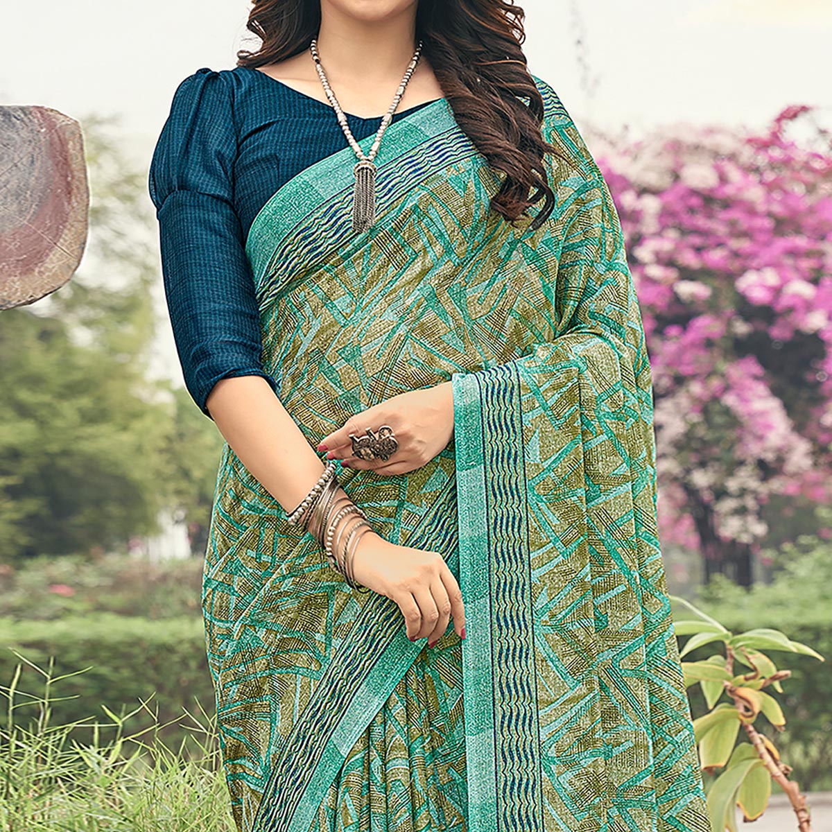 Pista Green Printed Chiffon Saree