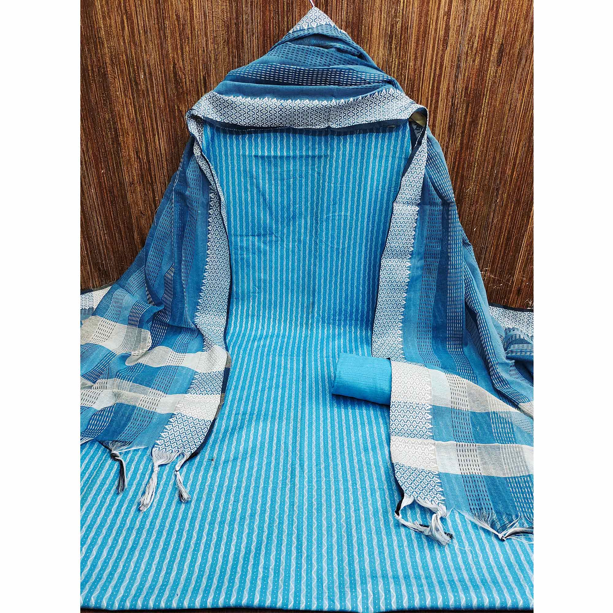 Firozi Blue Woven Cotton Blend Dress Material
