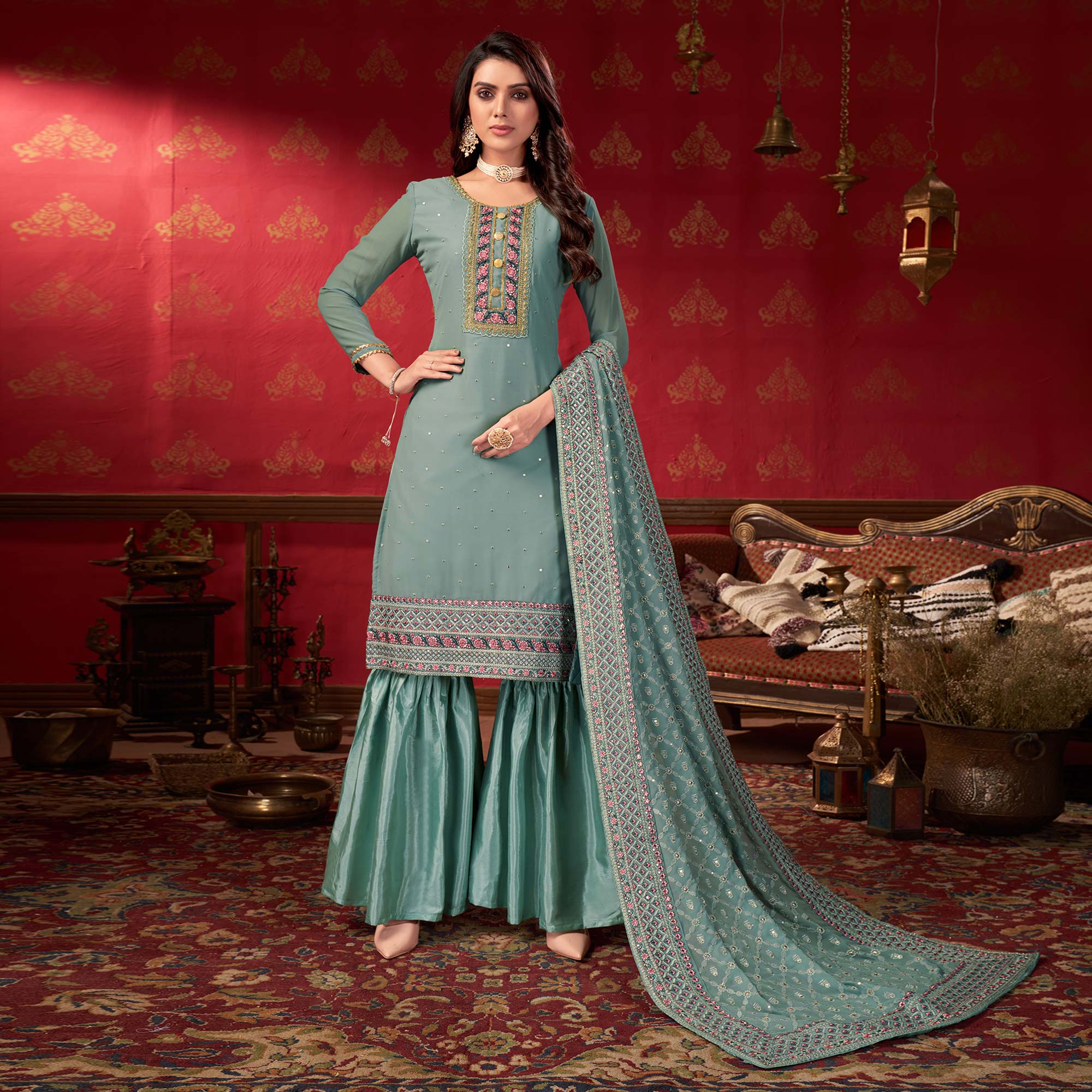 Grey Embroidered Georgette Sharara Suit