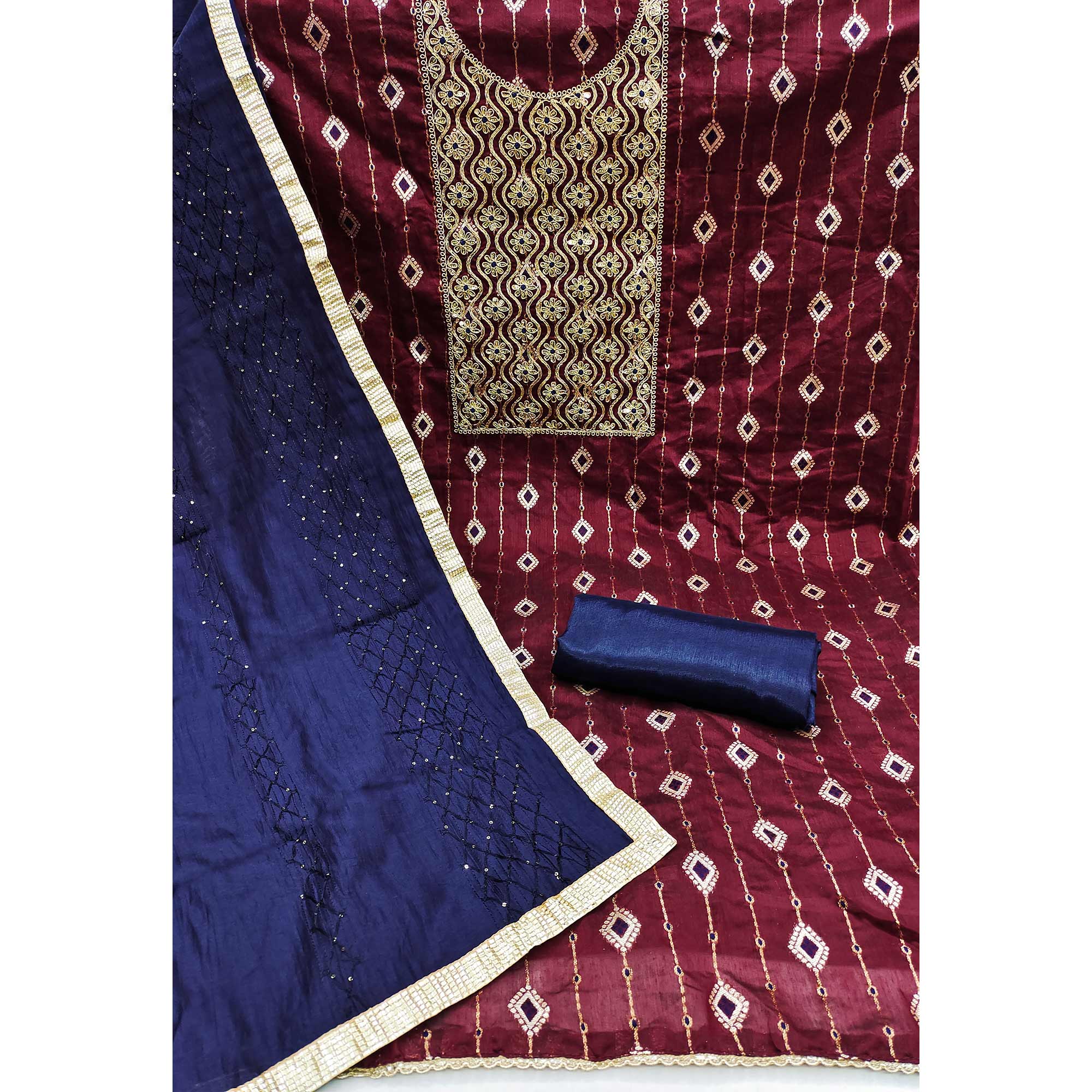 Maroon Woven With Embroidered Modal Dress Material