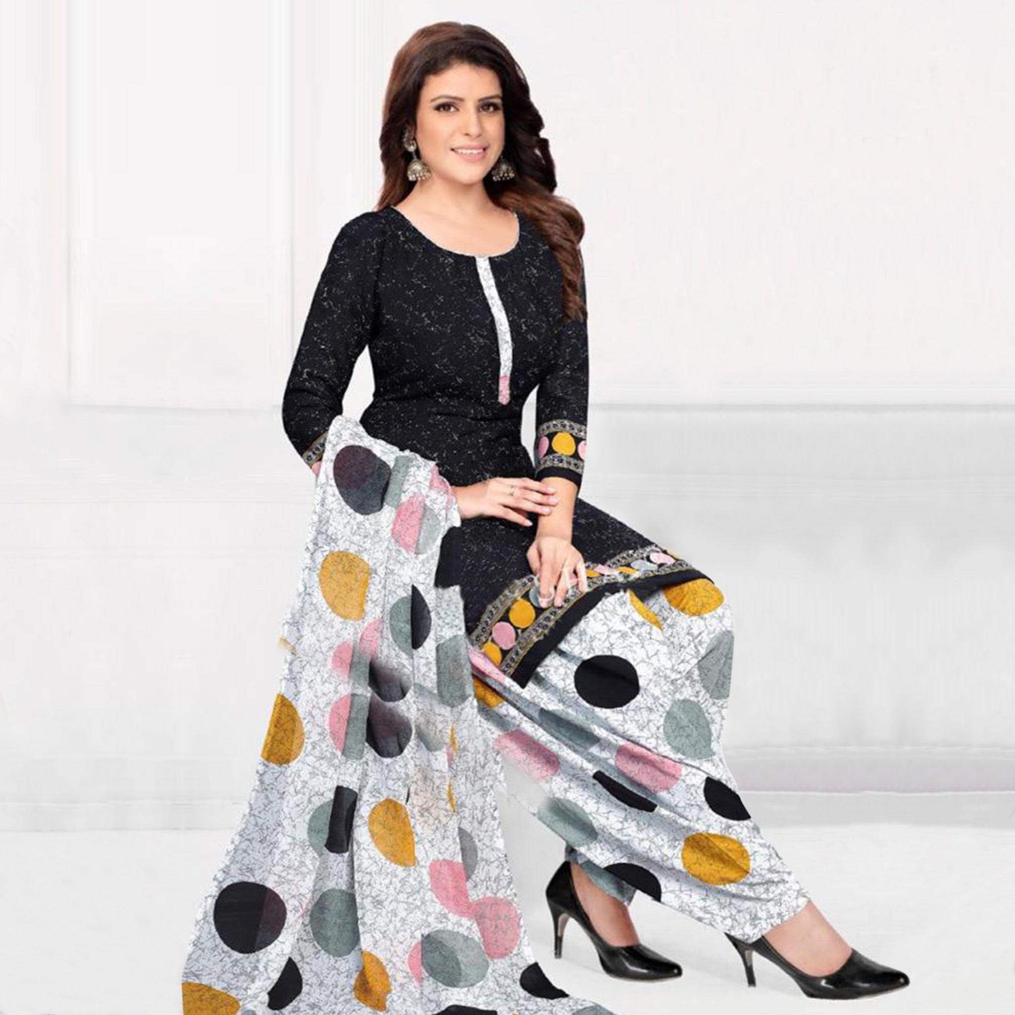 Black Printed Crepe Patiala Dress Material