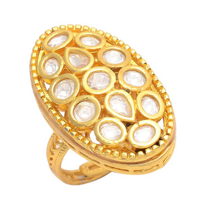 Gold Polish Kundan Meena Pearl Adjustable Ring