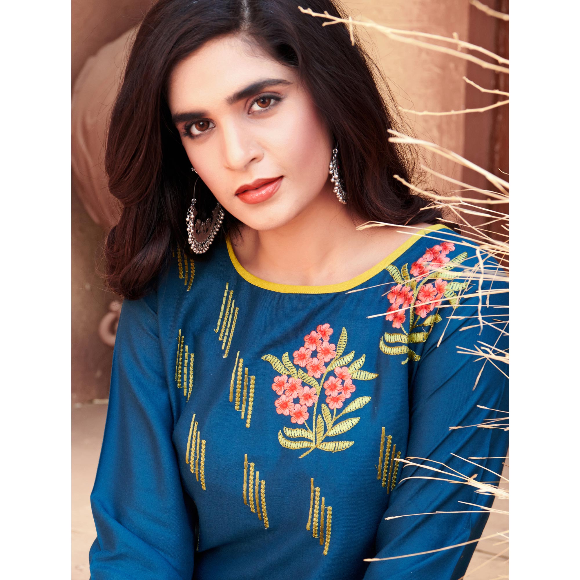 Blue Floral Embroidered Rayon Kurti