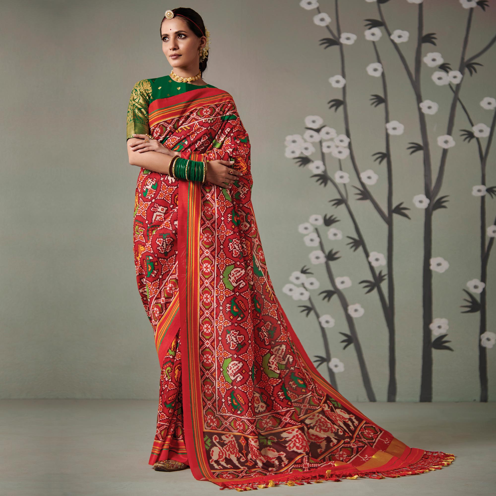 Red Printed Patola Art Silk Saree With Tassels
