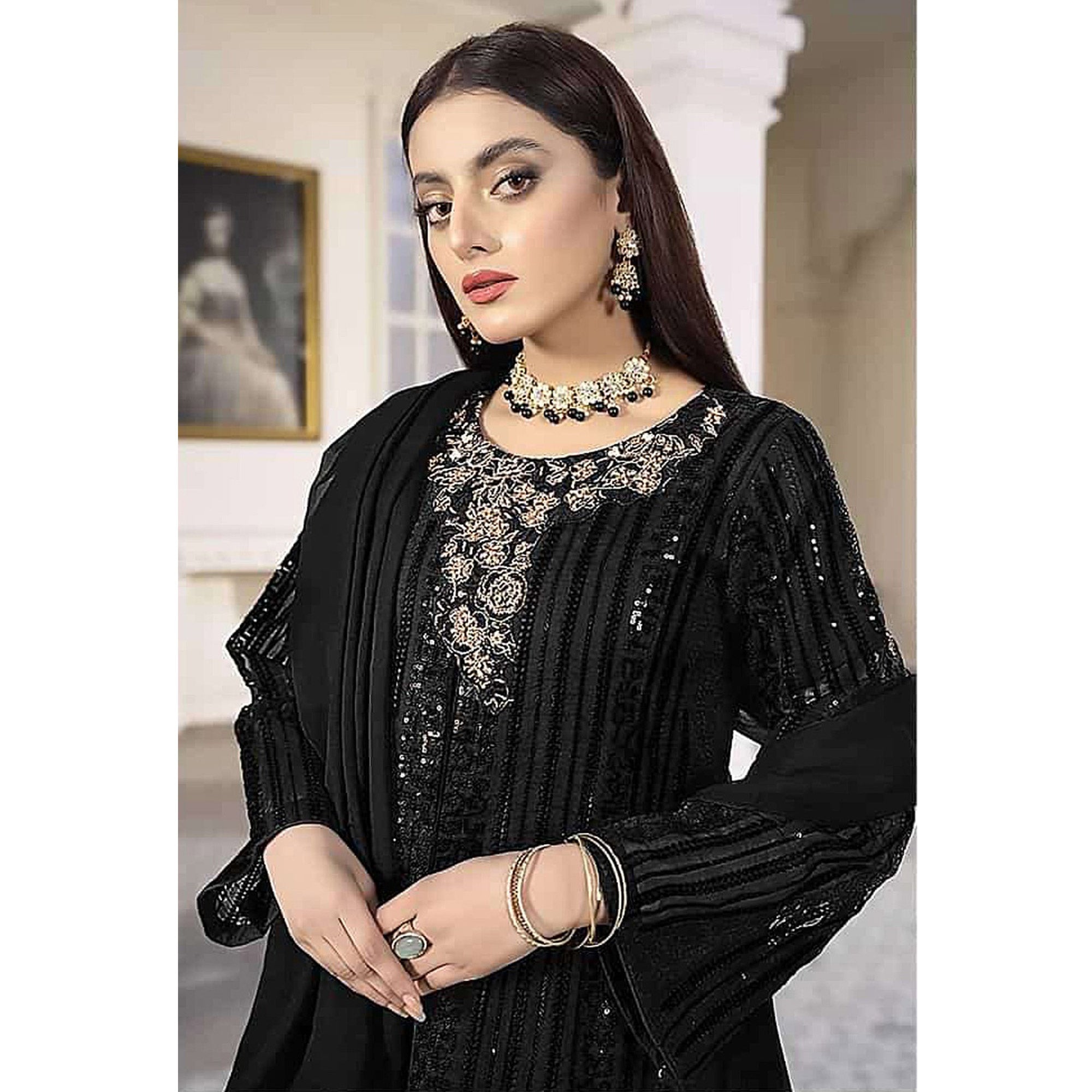 Black Sequins Embroidered Georgette Pakistani Suit