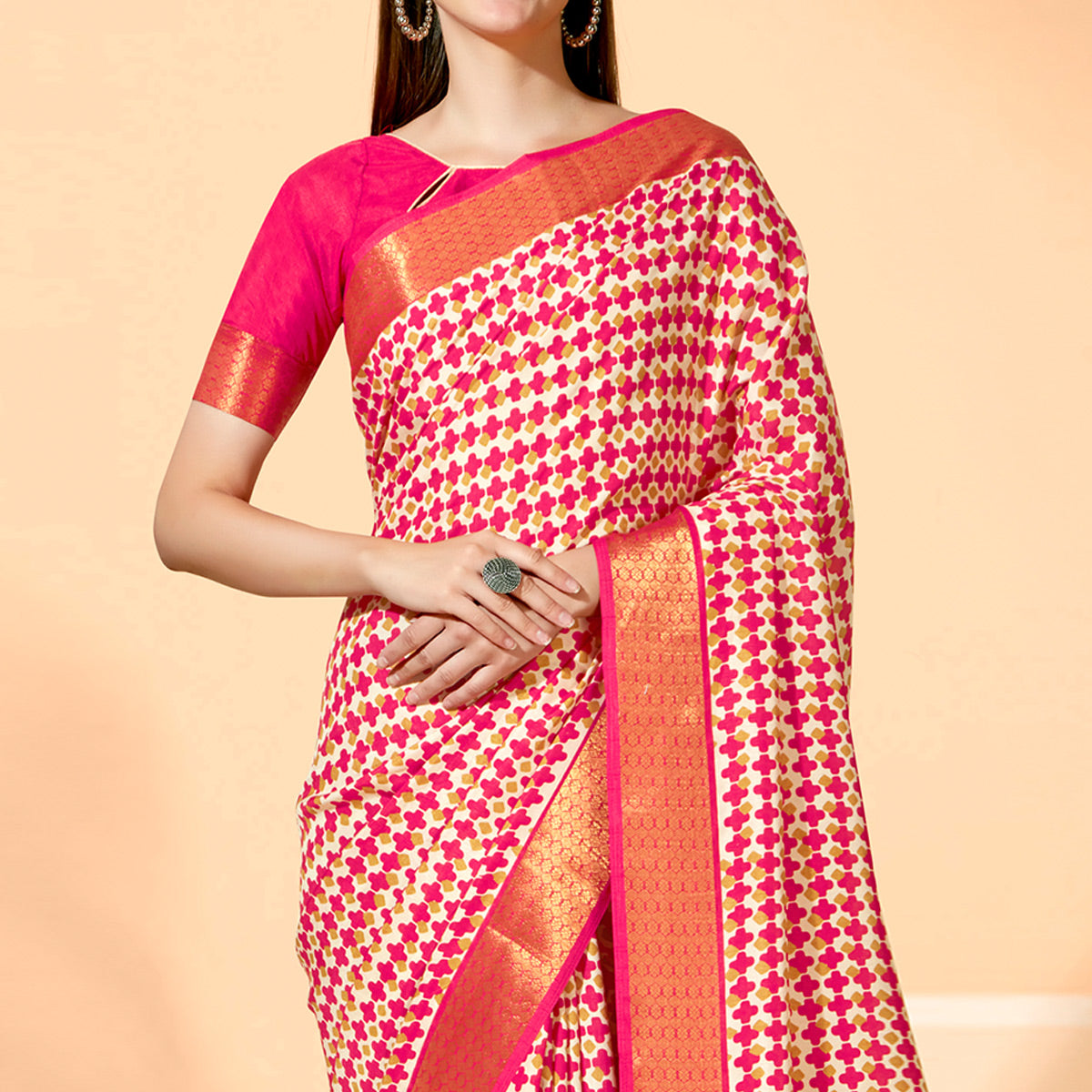 Pink Printed Dola Silk Saree With Tassels