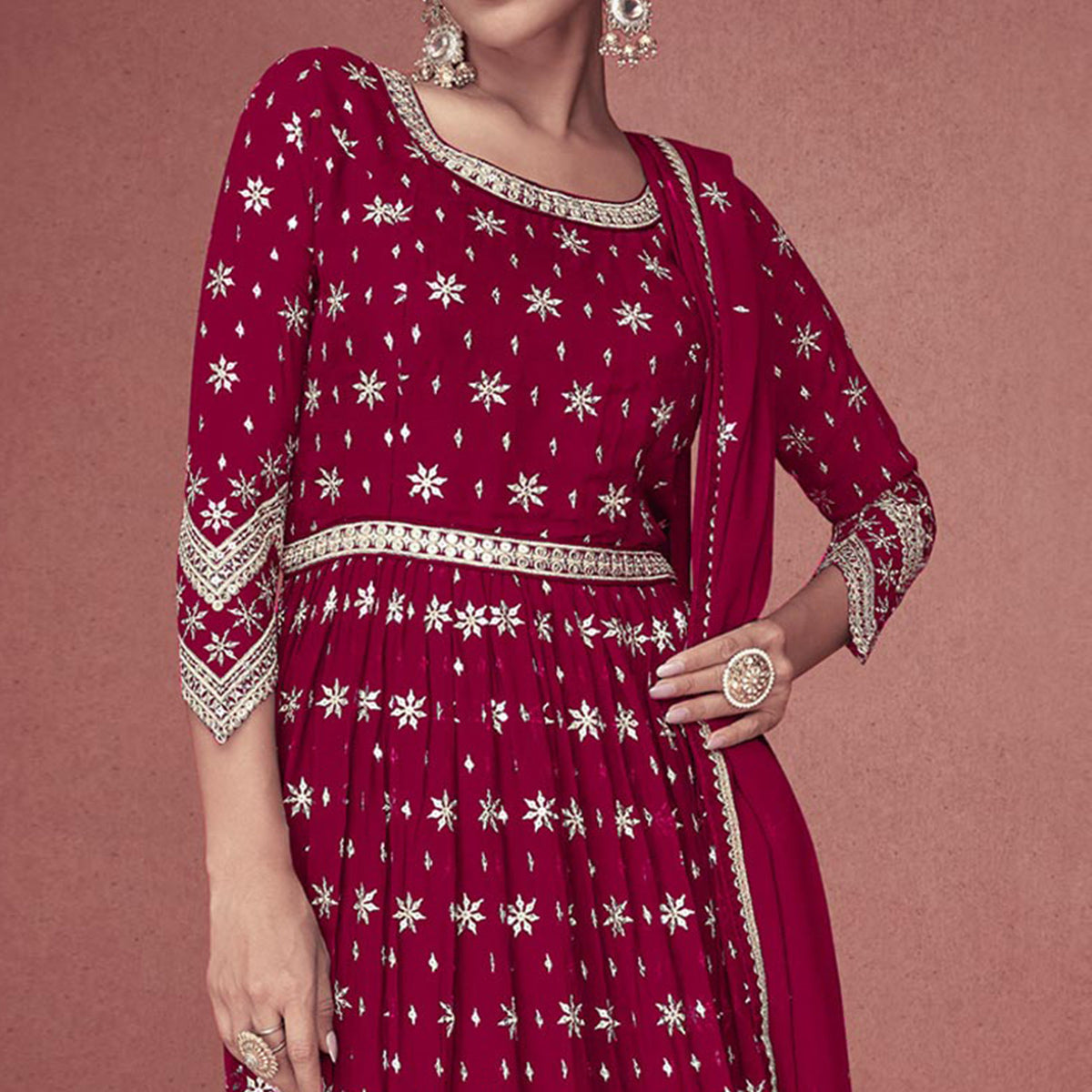 Rani Pink Sequins Embroidered Georgette Semi Stitched Naira Cut Suit