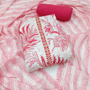 White & Pink Floral Printed Pure Cotton Dress Material