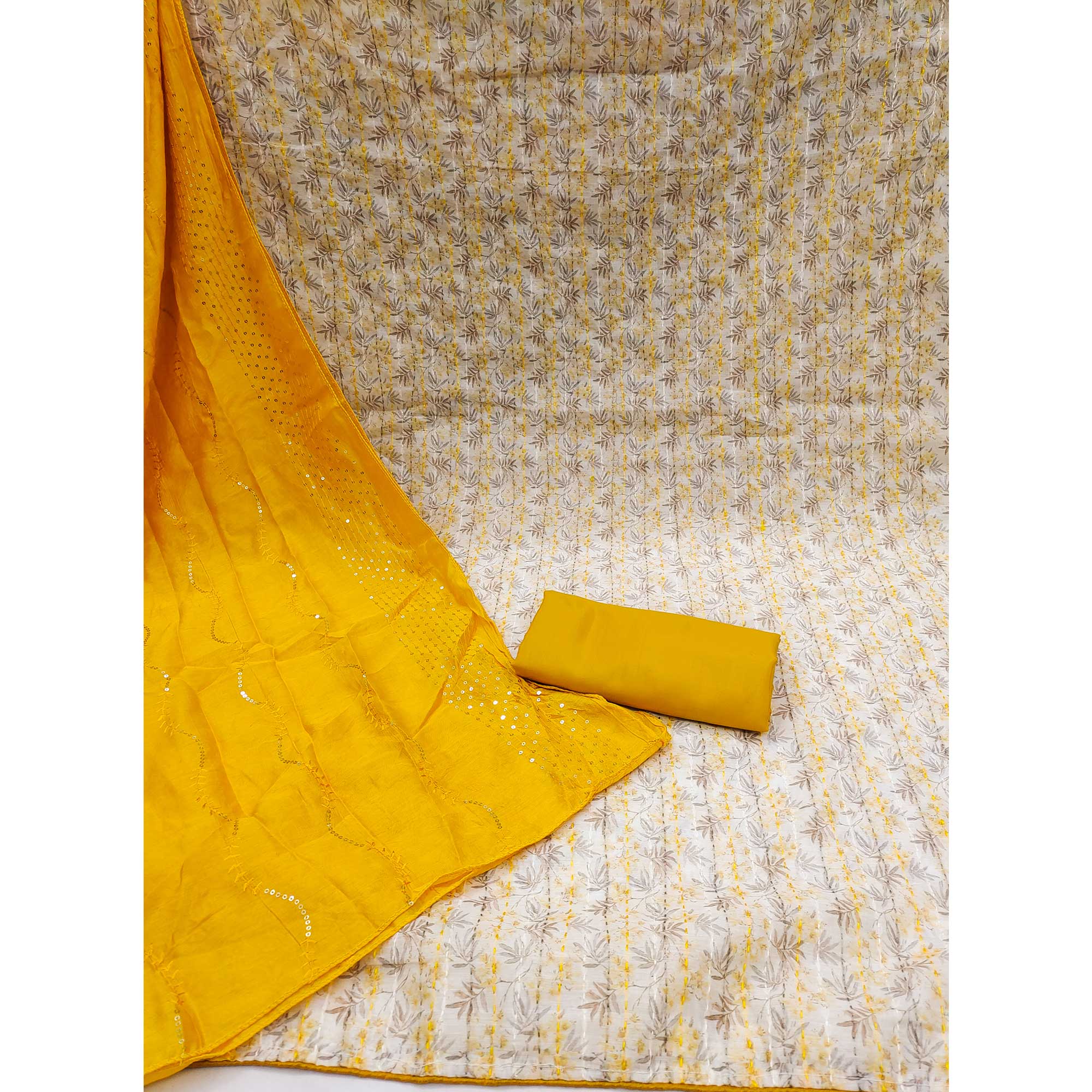 Cream & Yellow Digital Printed With Embroidered Chanderi Dress Material
