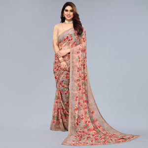 Beige Printed Georgette Saree With Crochet Border
