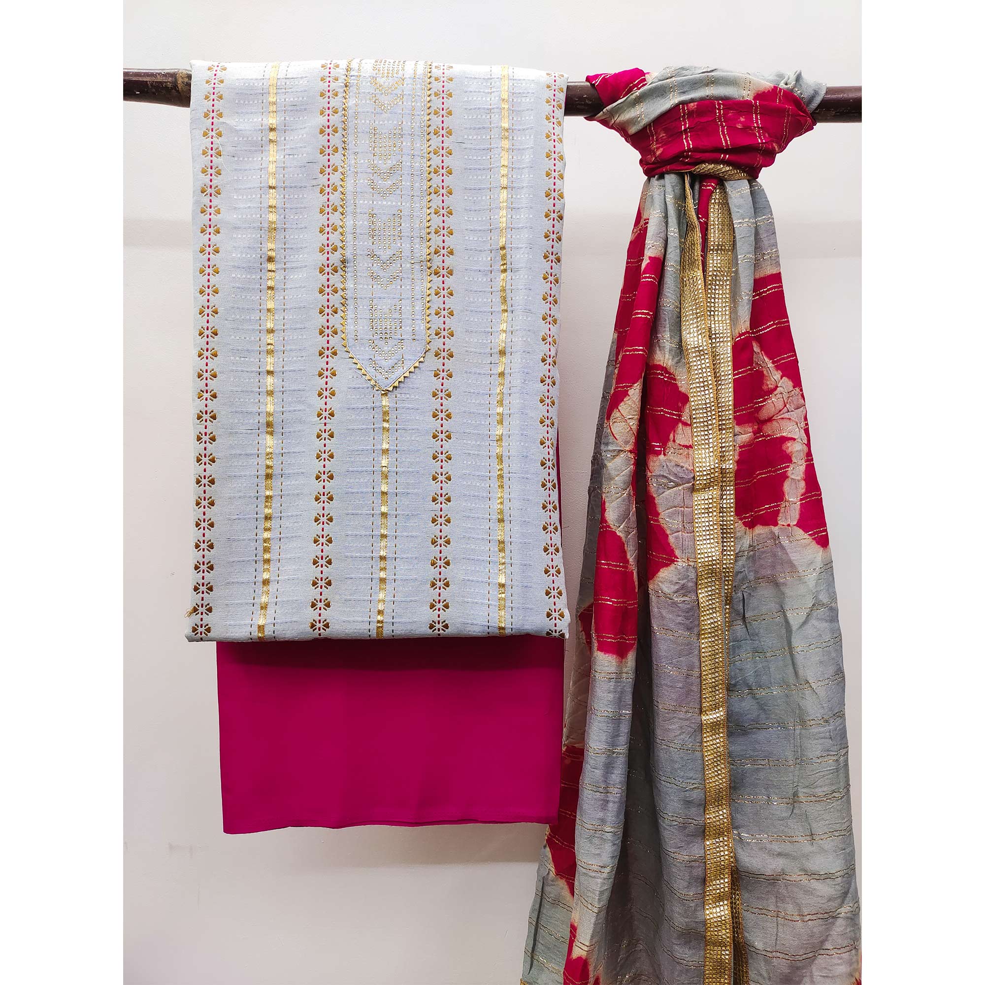 Grey Printed Cotton Blend Dress Material