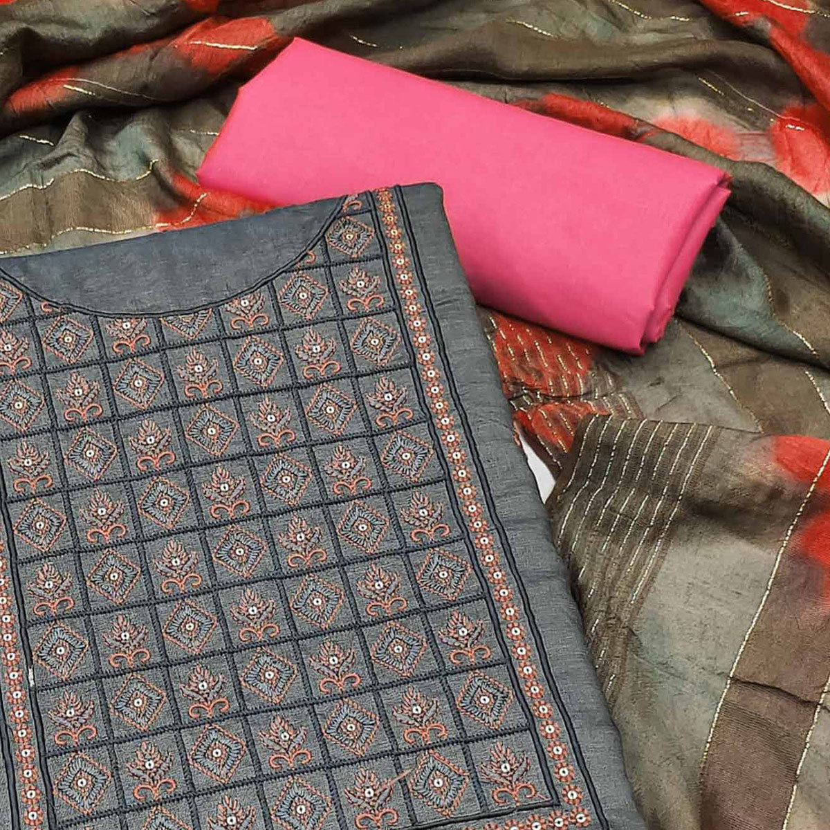 Grey Embroidered Cotton Blend Dress Material